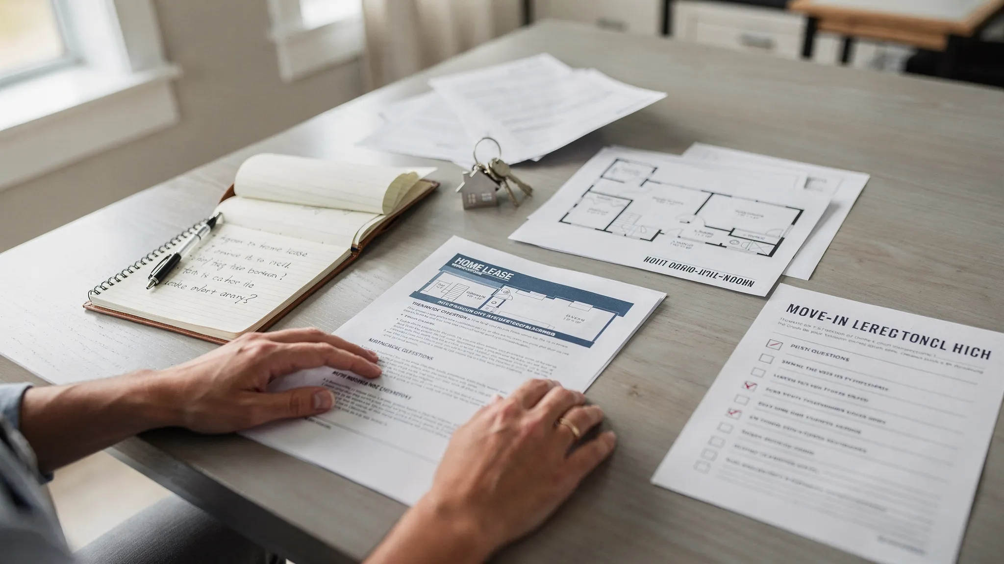 A renter reviewing a manufactured home lease and a printed floor plan at a dining table, with keys, a notepad for questions, and a move-in inspection checklist on paper.