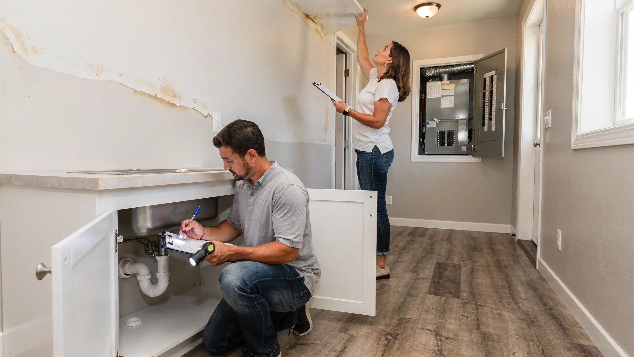 A renter touring a manufactured home with a printed checklist, checking under a sink for leaks, inspecting ceilings for stains, and looking at the electrical panel and HVAC closet in a clean, well-lit interior.