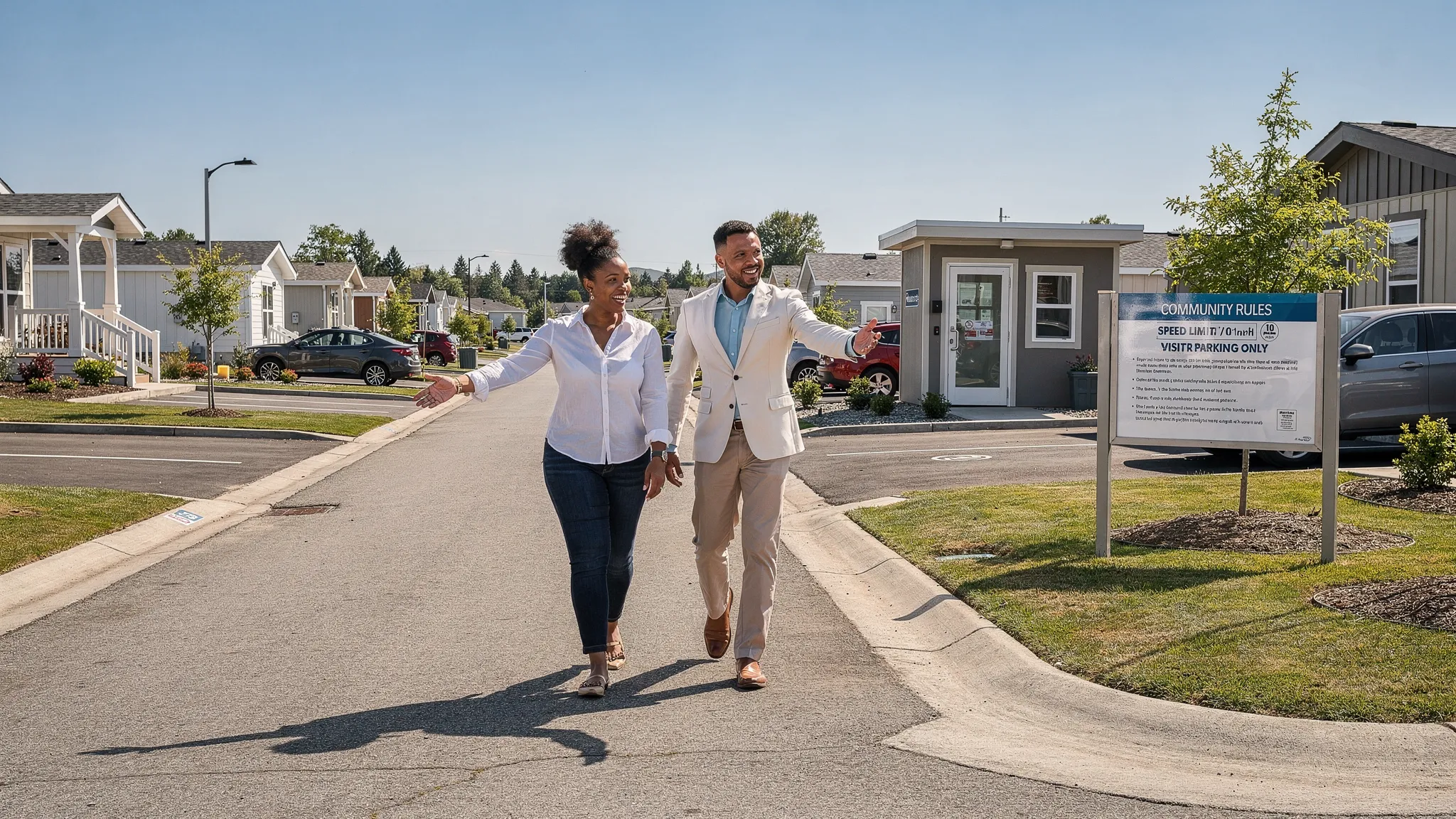 A renter touring a well-kept manufactured home community with a property manager on a sunny day, looking at street condition, parking areas, and posted community rules near the office.