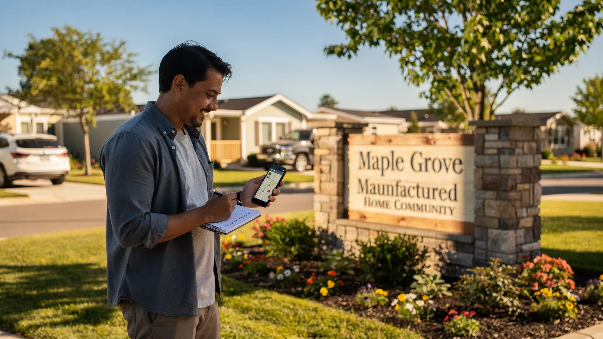 A renter using a smartphone map app and a notebook checklist while standing near the entrance sign of a manufactured home community on a sunny day.