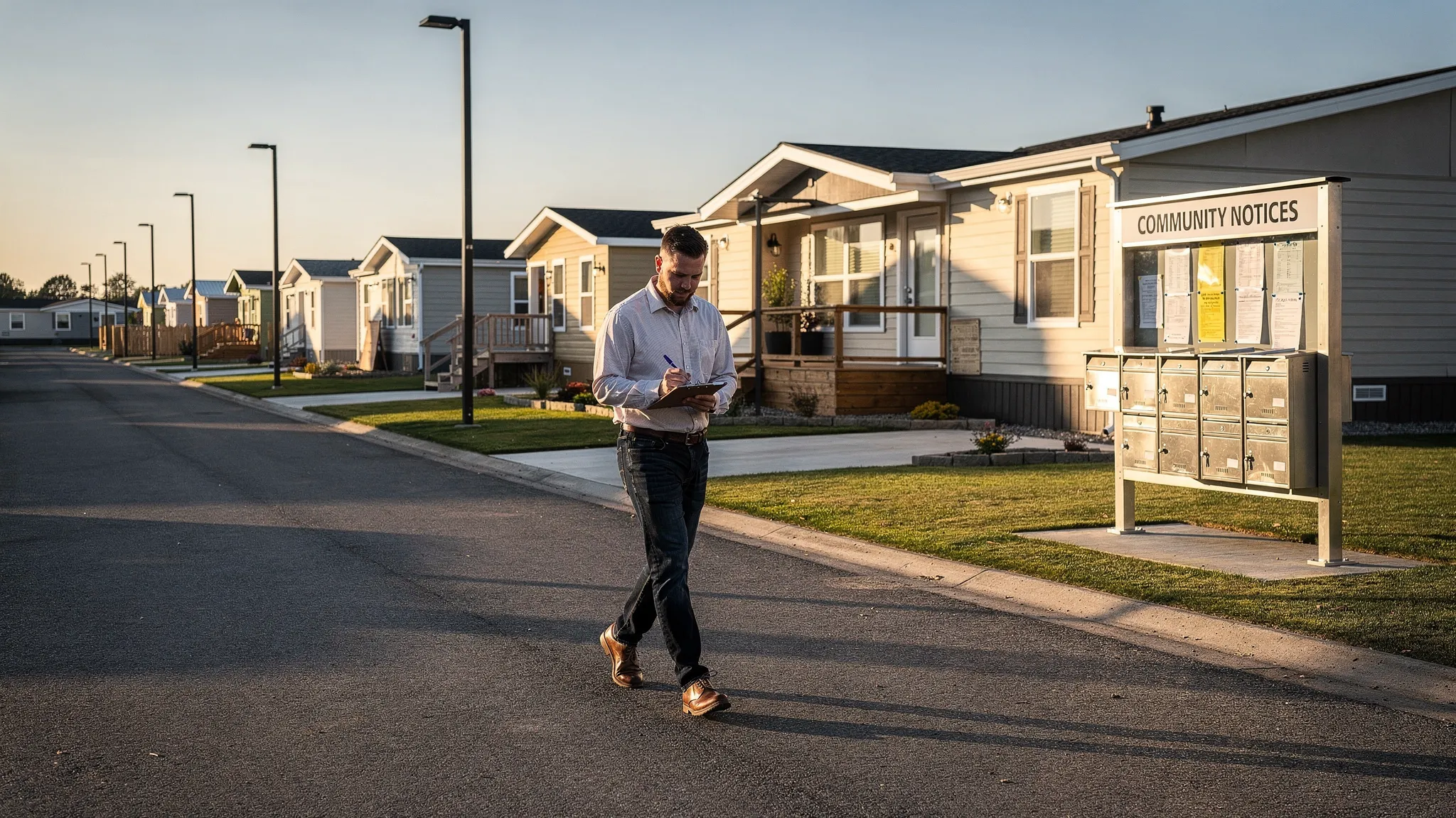 A renter walking through a manufactured home community with a clipboard, looking at road condition, streetlights, mailbox area, and community notice board near the office.