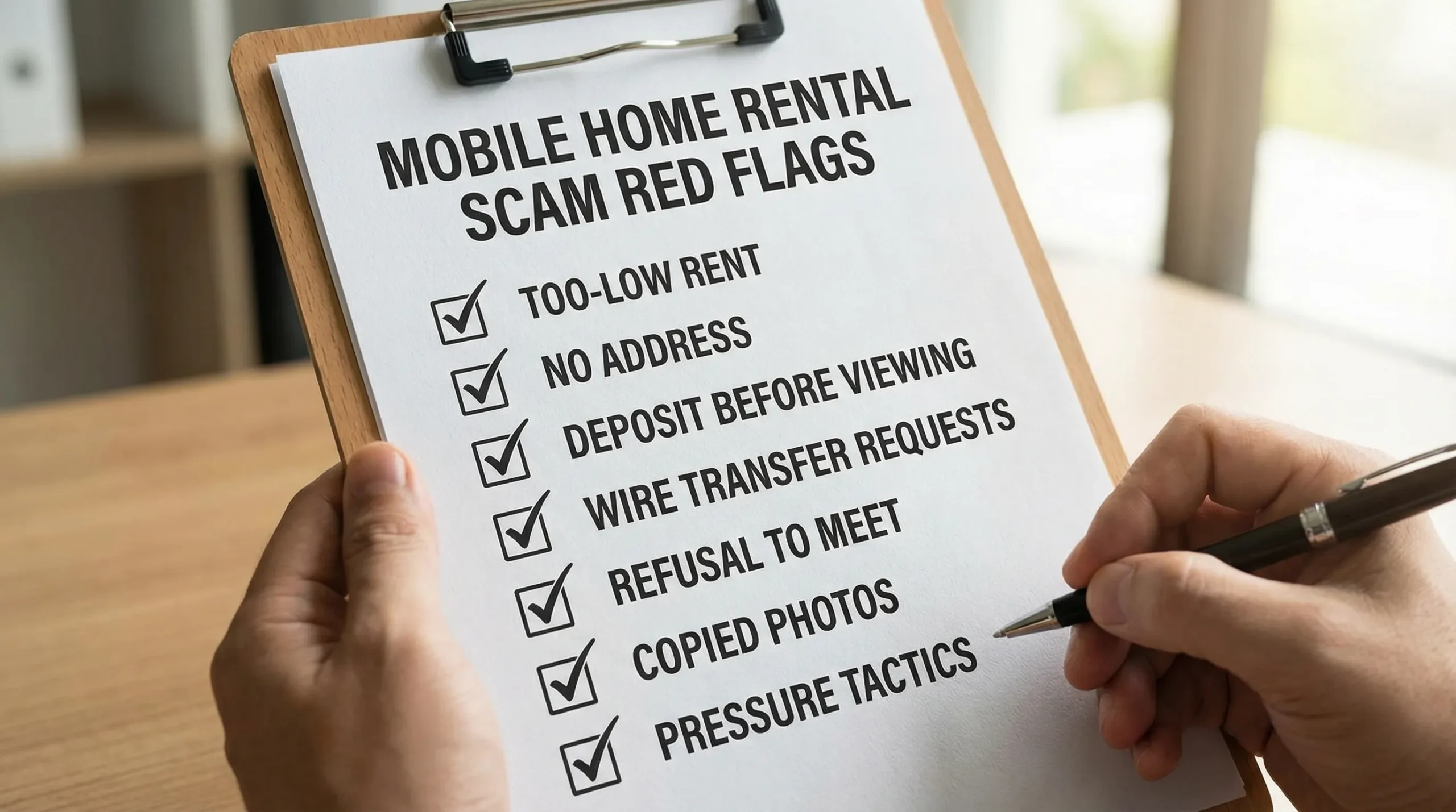 A simple checklist graphic showing mobile home rental scam red flags: too-low rent, no address, deposit before viewing, wire transfer requests, refusal to meet, copied photos, and pressure tactics.