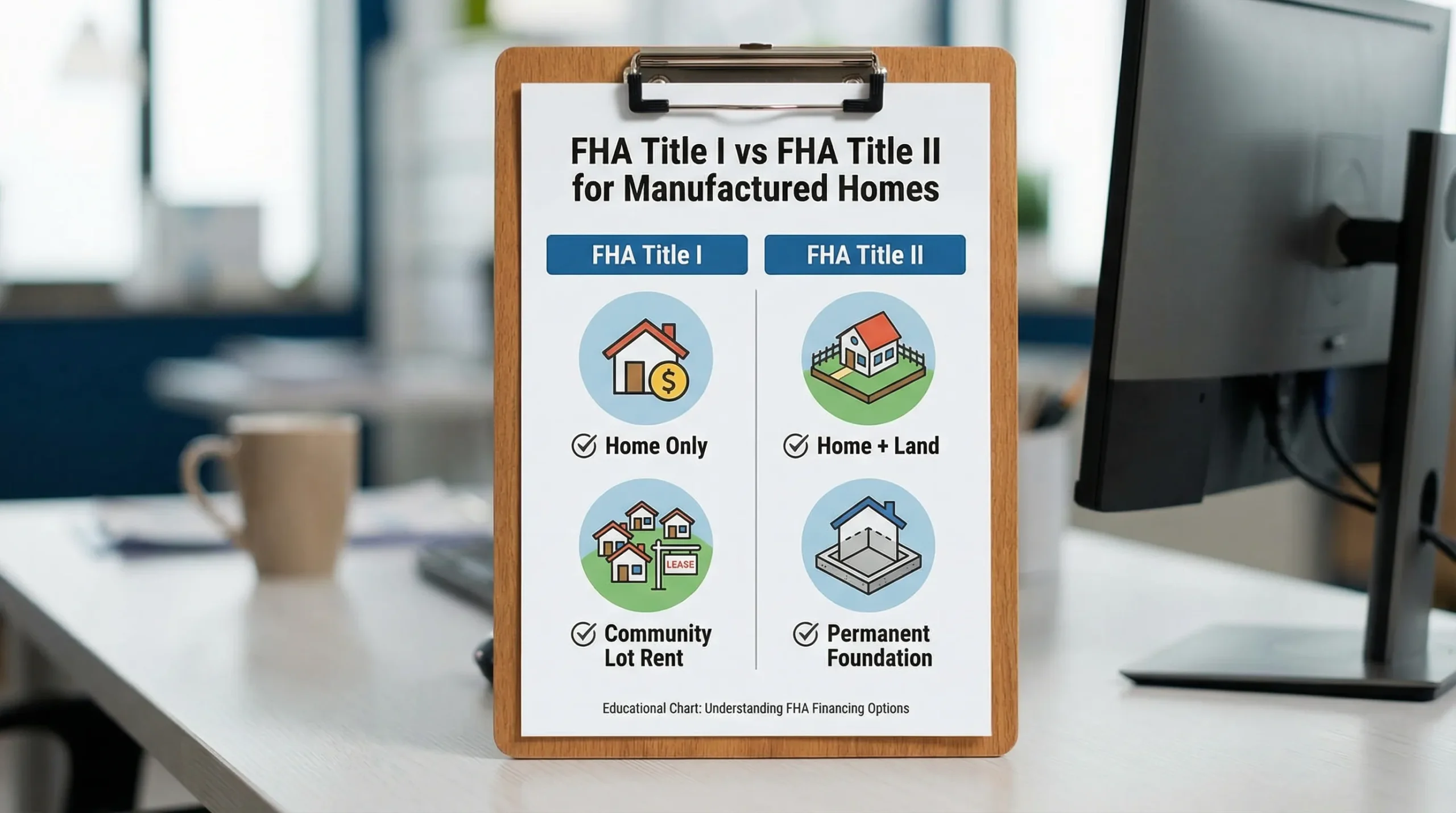 A simple comparison graphic showing FHA Title I vs FHA Title II for manufactured homes, with icons for “home only”, “home + land”, “community lot rent”, and “permanent foundation”, designed as a clear educational chart.