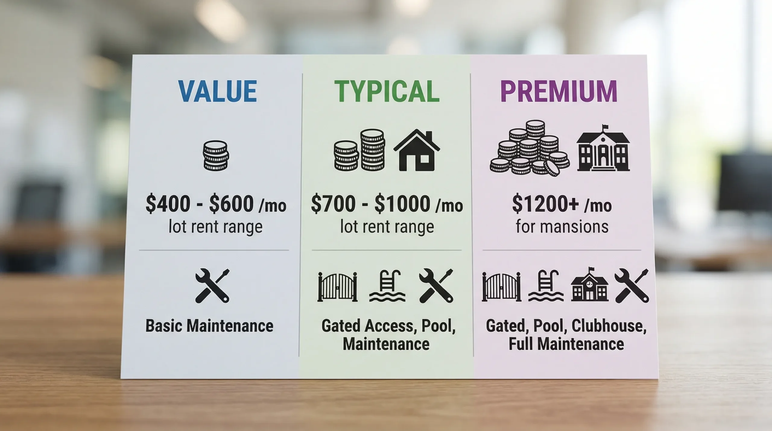 A simple comparison graphic showing three columns labeled Value, Typical, and Premium with example lot rent ranges and icons for amenities like pool, gate, and maintenance.