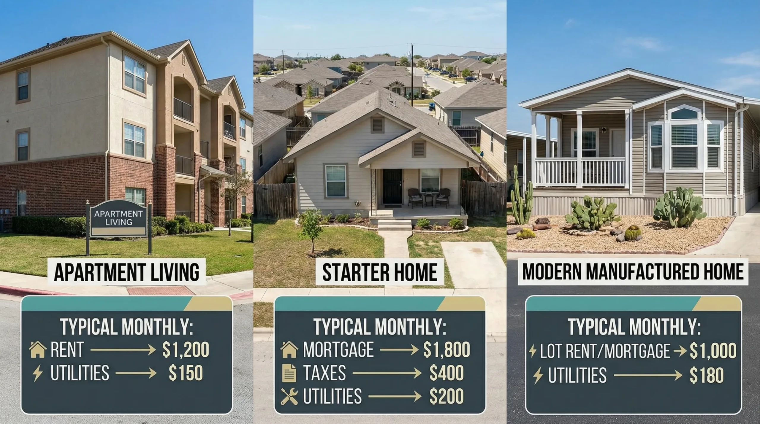A simple comparison scene showing three housing types side by side in San Antonio: an apartment building, a small starter home, and a modern manufactured home on a landscaped lot, with labels for typical monthly cost components like rent or mortgage, utilities, and taxes.