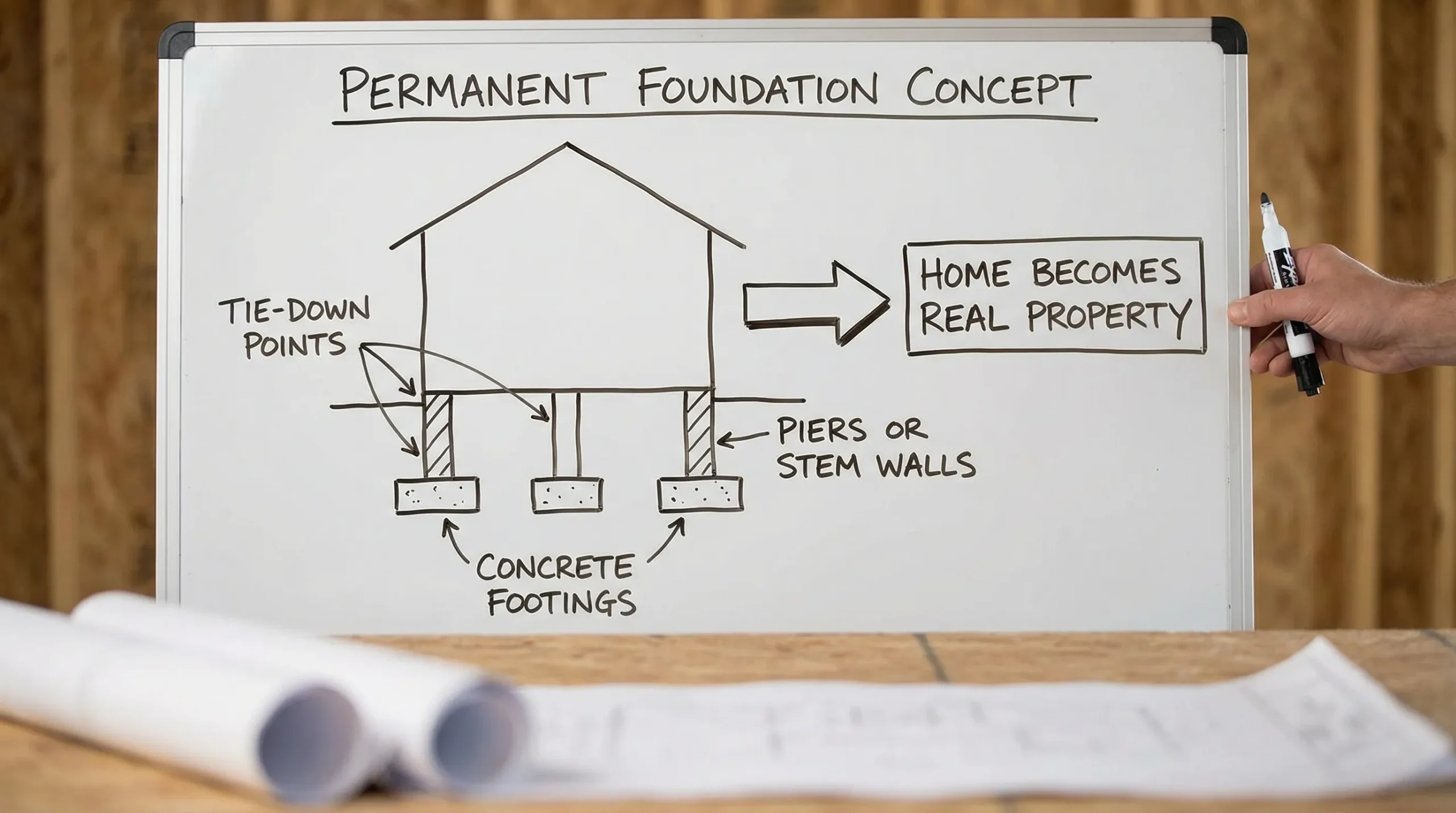 A simple diagram showing a permanent foundation concept: concrete footings, piers or stem walls, tie-down points, and a “home becomes real property” label.