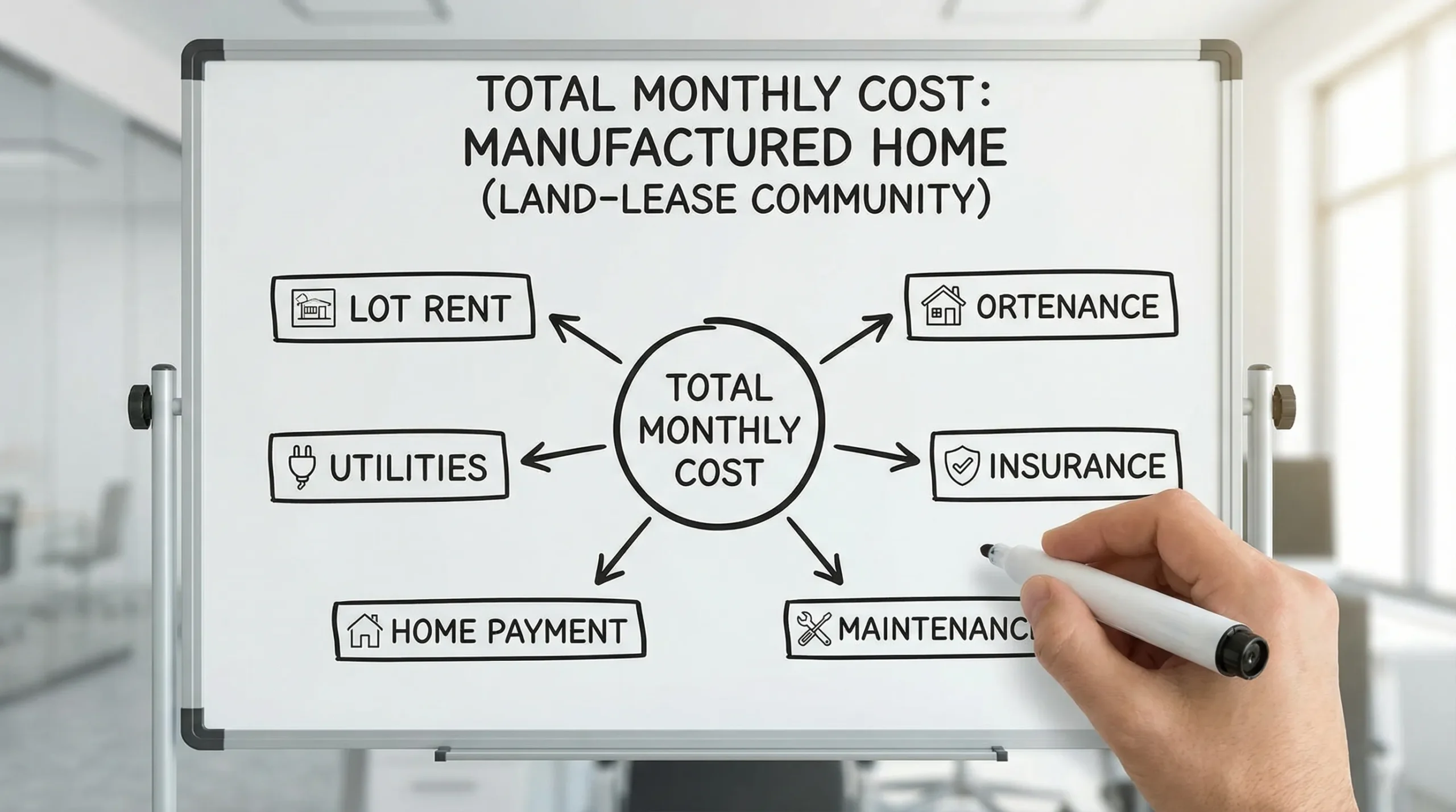 A simple diagram showing total monthly cost components for a manufactured home in a land-lease community: lot rent, utilities, home payment, insurance, and maintenance.
