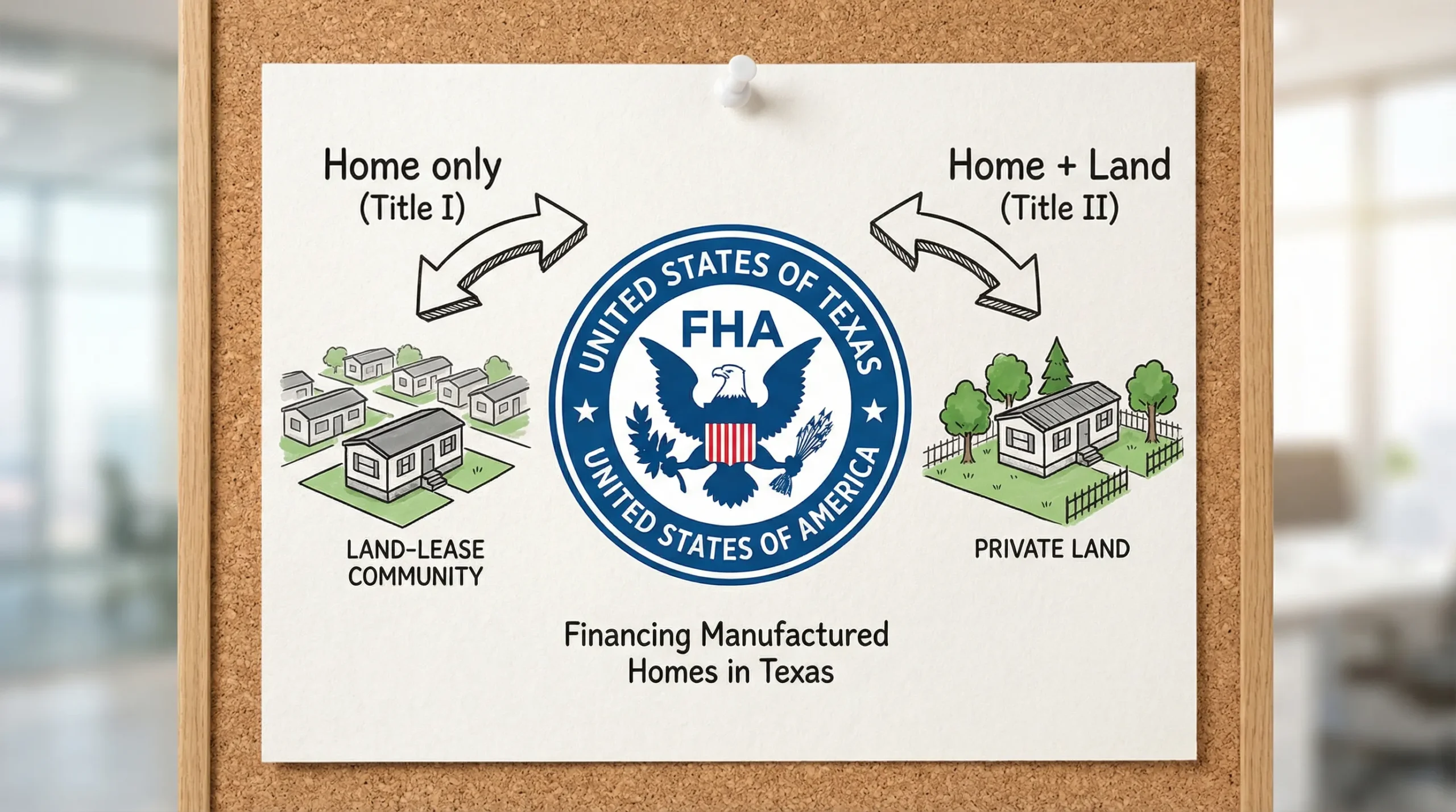 A simple illustration showing two paths for financing a manufactured home in Texas: “Home only (Title I)” leading to a land-lease community icon, and “Home + Land (Title II)” leading to a private land icon, with an FHA badge in the center.