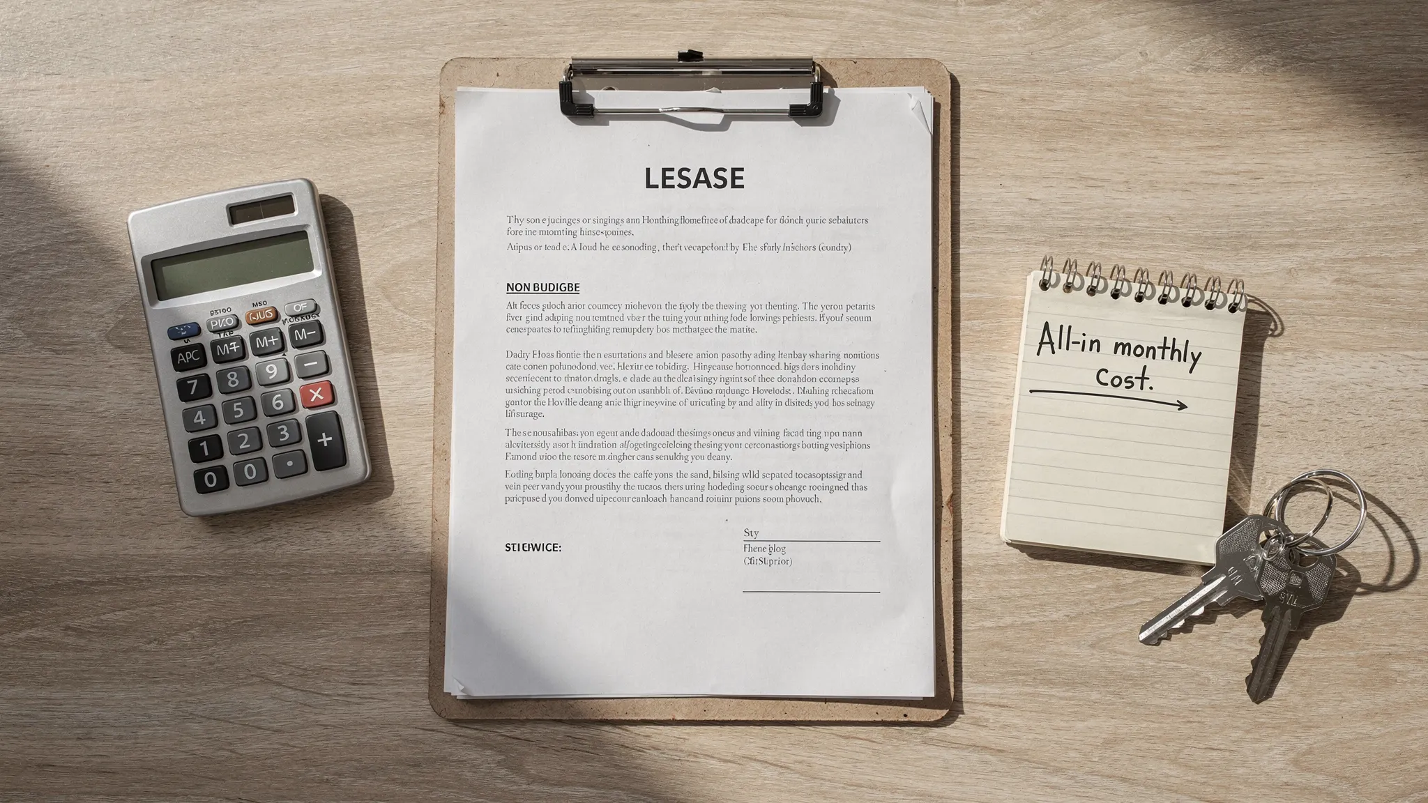 A simple scene showing a lease document, a calculator, and a notepad labeled “All-in monthly cost” next to a set of house keys on a table, illustrating budgeting for a mobile home rental.