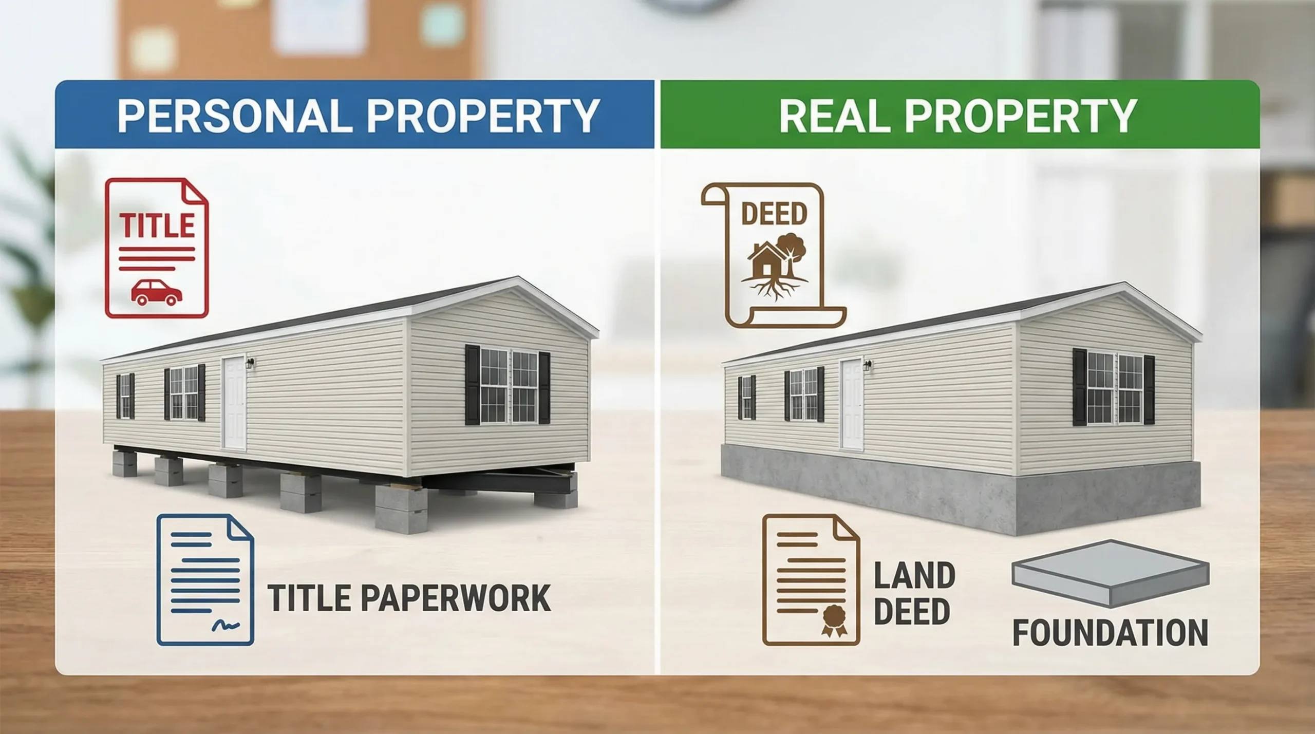 A simple side-by-side illustration showing a manufactured home titled as personal property versus real property, with icons for title paperwork, land deed, and a foundation under the home.