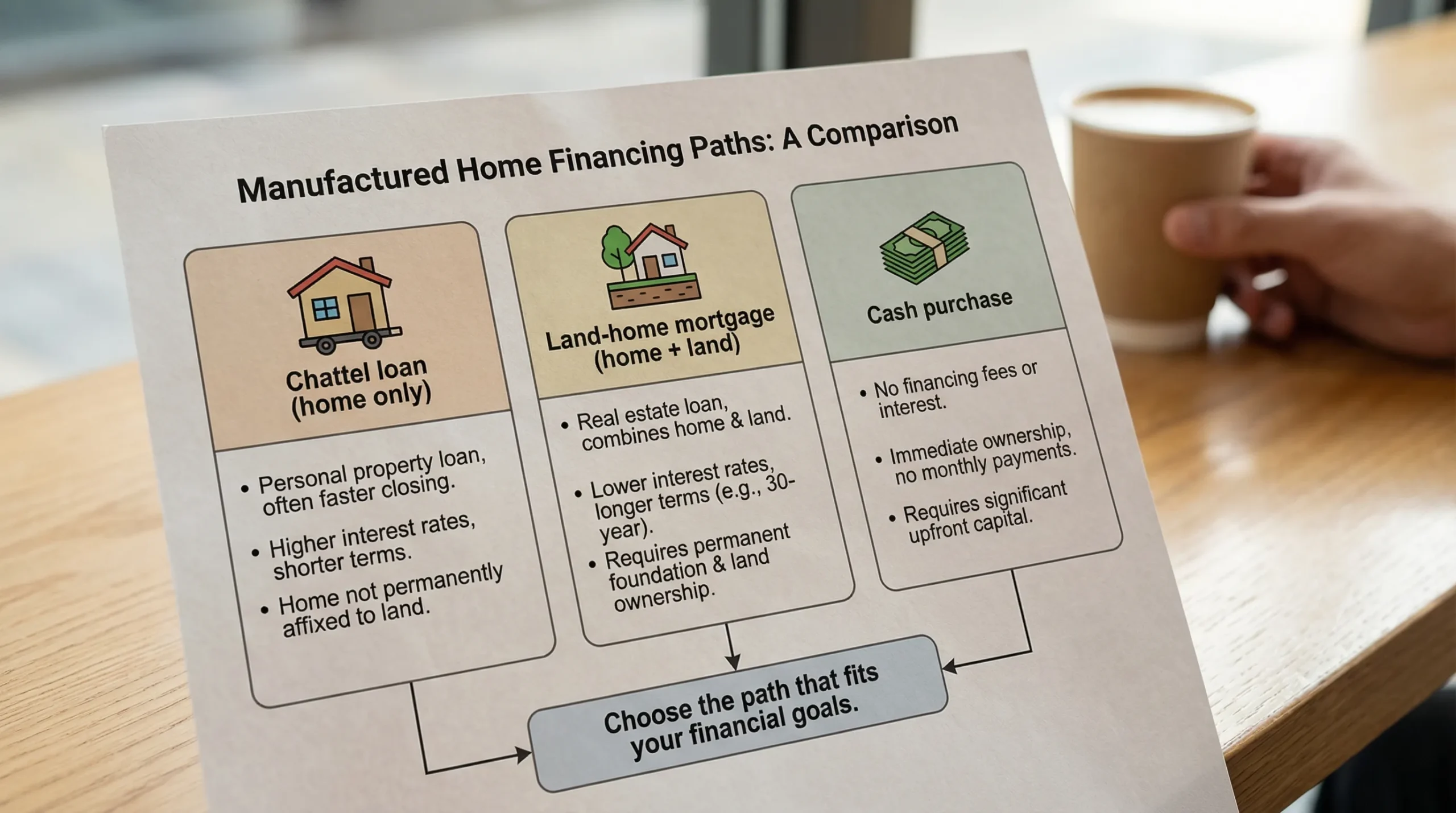 A simple three-column diagram comparing manufactured home financing paths: “Chattel loan (home only)”, “Land-home mortgage (home + land)”, and “Cash purchase”, with 2-3 short bullet points under each showing typical use cases.
