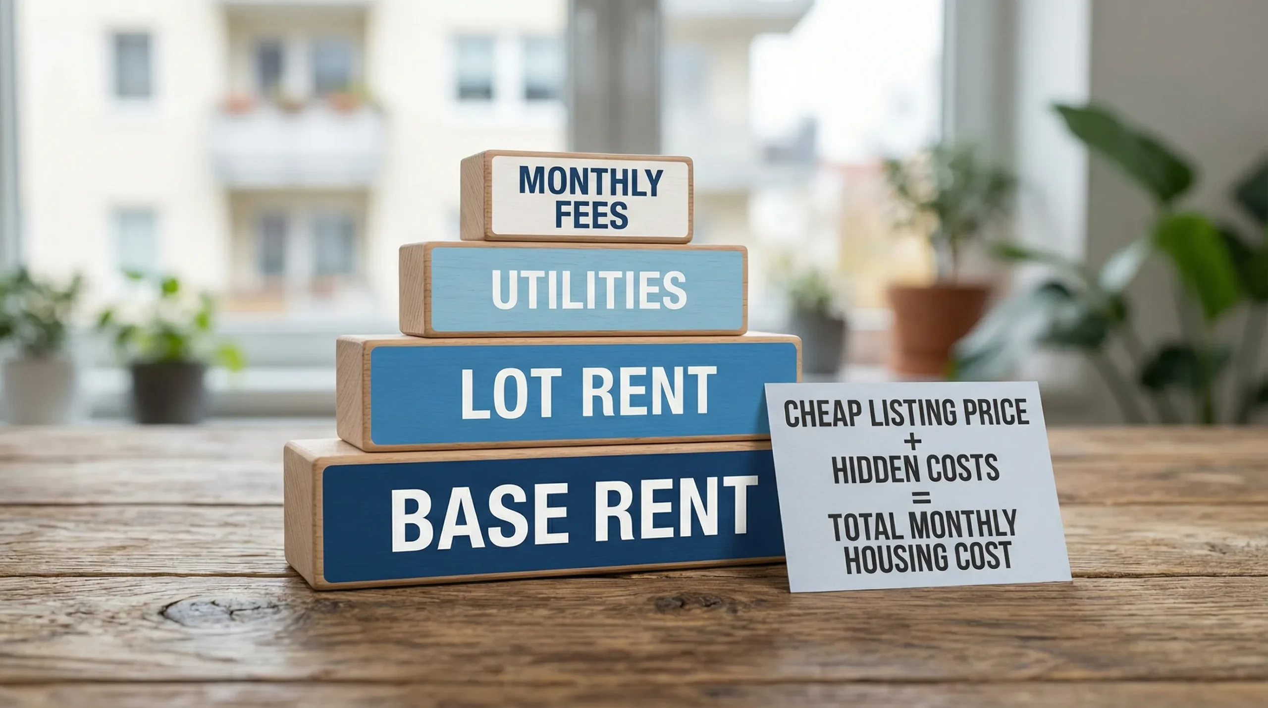 A simple visual showing a “total monthly housing cost” stack: base rent at the bottom, then lot rent, then utilities, then monthly fees, each layer labeled to illustrate how a cheap listing price can grow.