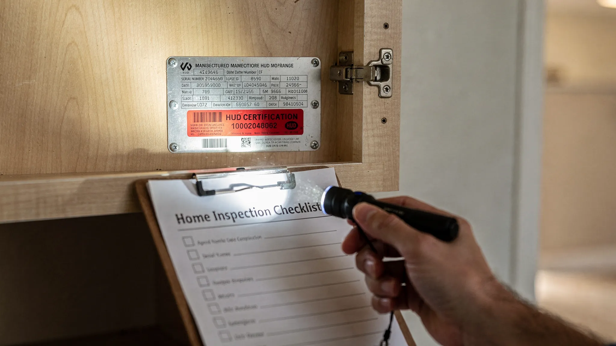 Close-up view of a manufactured home HUD data plate and HUD certification label being checked by a buyer with a checklist and flashlight, with the interior cabinet area visible.
