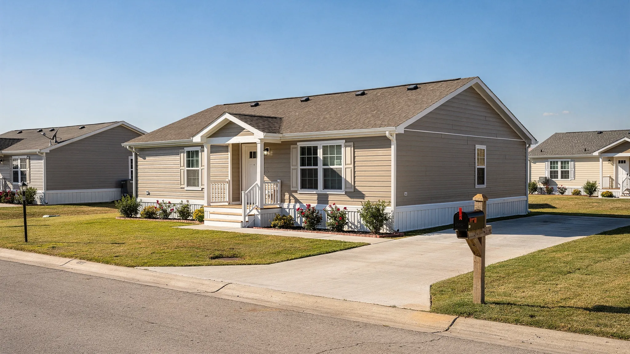Exterior of a modern manufactured home in a Texas land-lease community, with a paved driveway, small front porch, skirting installed, a mailbox near the curb, and neatly maintained landscaping.