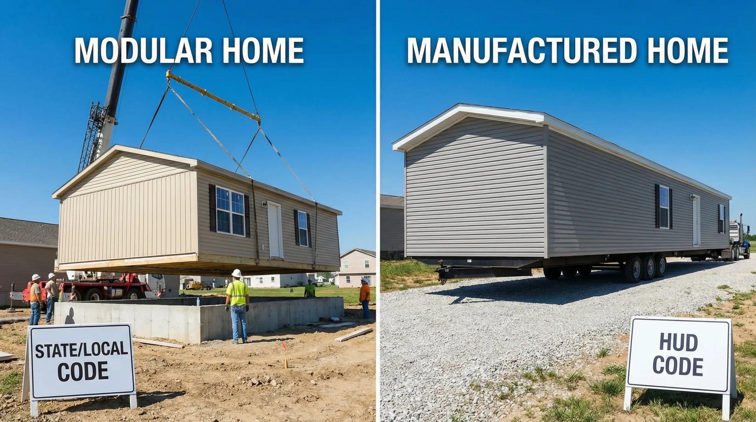Side-by-side comparison of a modular home being craned onto a permanent foundation versus a manufactured home on a chassis, with simple labels for “state/local code” and “HUD Code”.