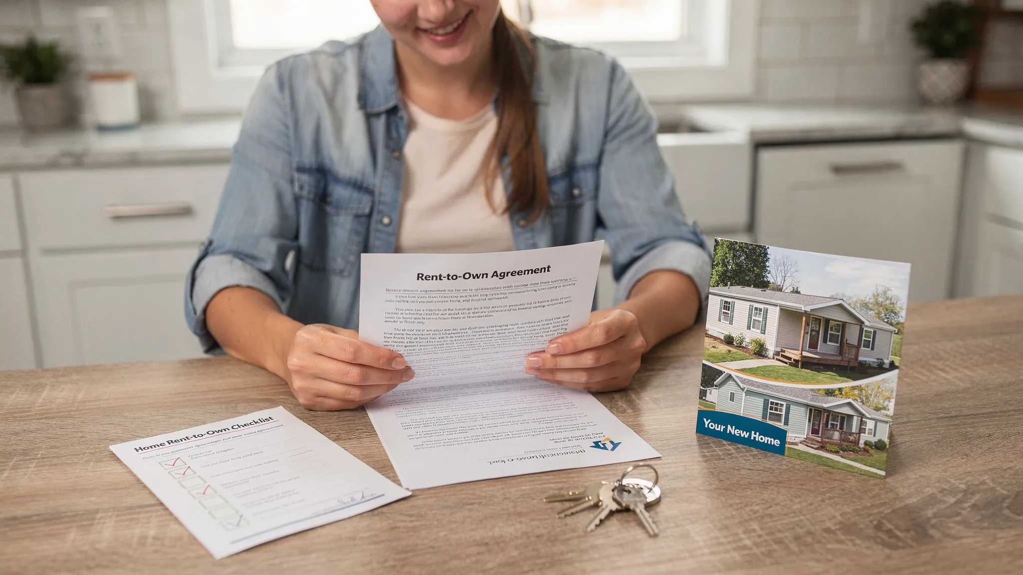 A buyer reviewing a manufactured home rent-to-own agreement at a kitchen table with a simple checklist, keys, and a model home brochure nearby.