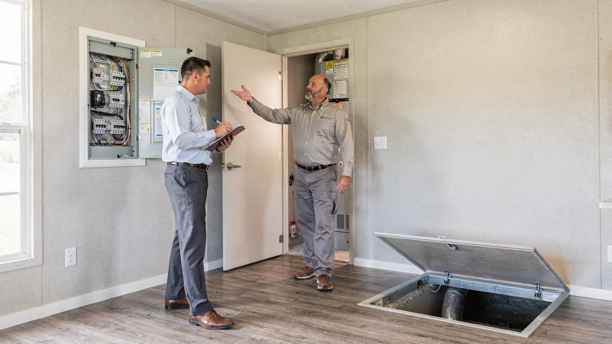 A buyer walking through a manufactured home with a clipboard while an inspector points to key areas like the electrical panel, HVAC closet, and under-floor access hatch.