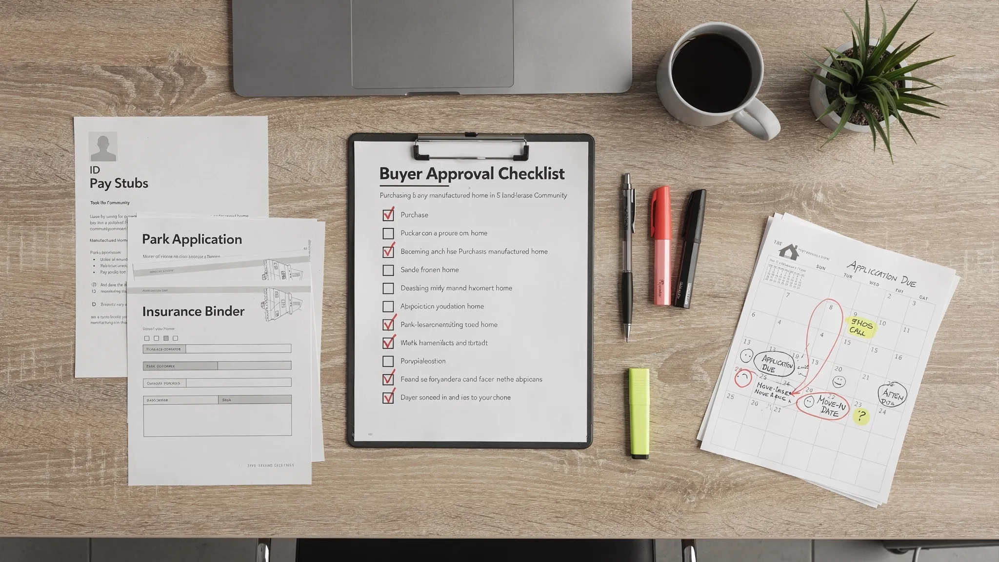 A buyer’s approval checklist for purchasing a manufactured home in a land-lease community, shown as a neat desk layout with labeled documents (ID, pay stubs, park application, insurance binder), a clipboard checklist, and a calendar highlighting key dates.