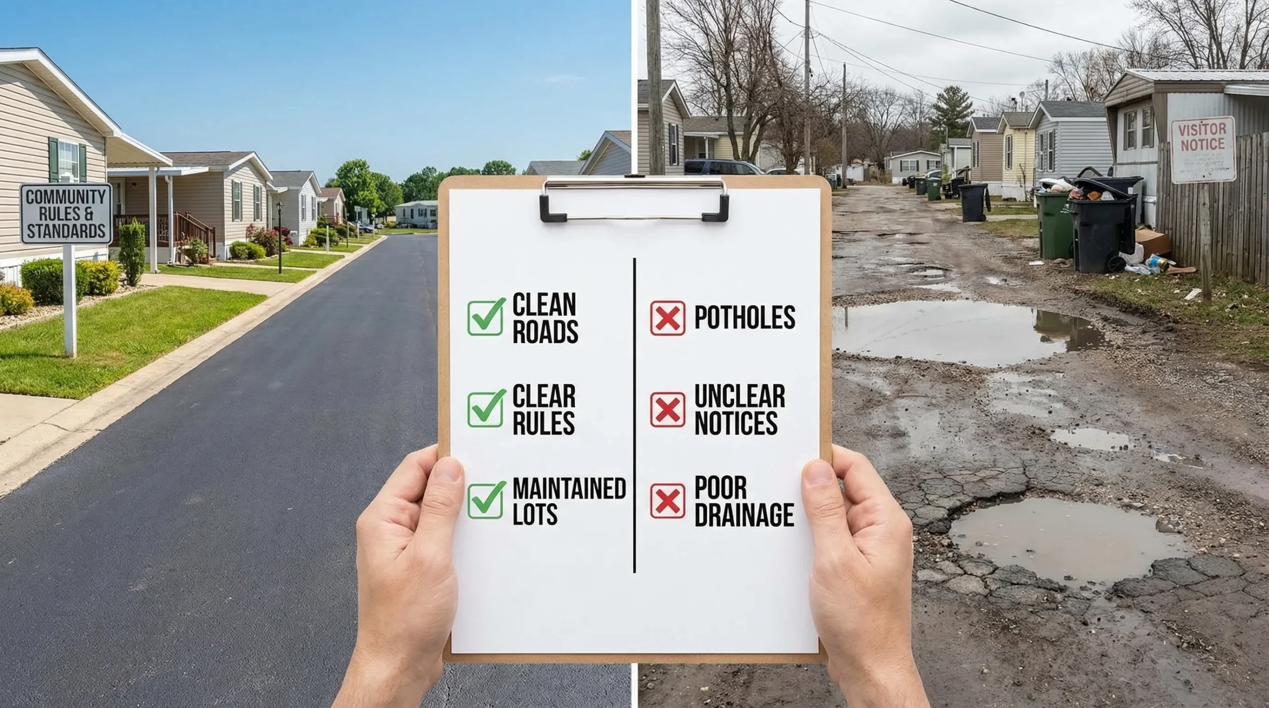 A checklist-style comparison scene showing two manufactured home community tours: one with clean roads, clear posted rules, and maintained lots, and another with potholes, unclear notices, and poor drainage.