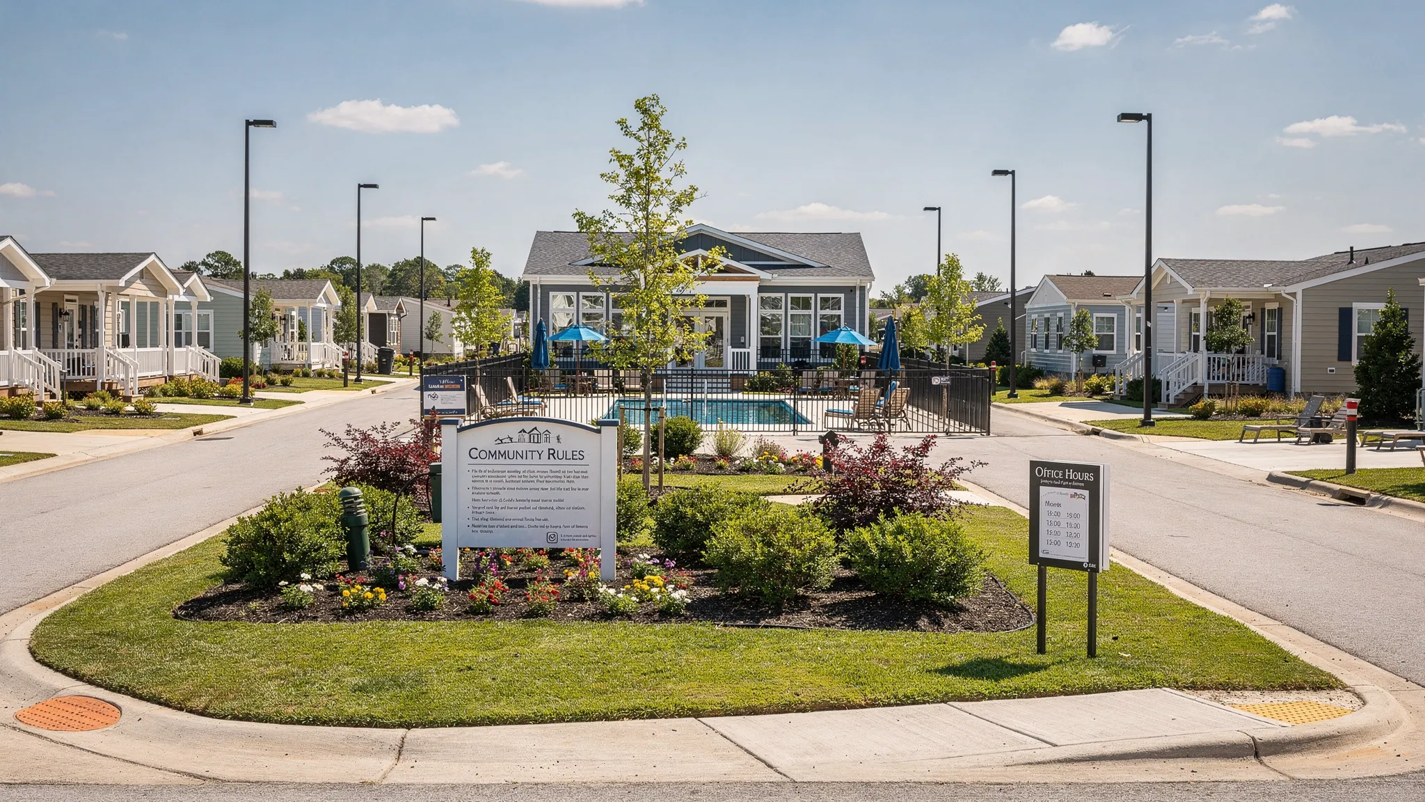 A clean manufactured home community street with landscaped common areas, visible community amenities like a clubhouse and pool in the background, clear signage for rules and office hours, and well-maintained roads and lighting.