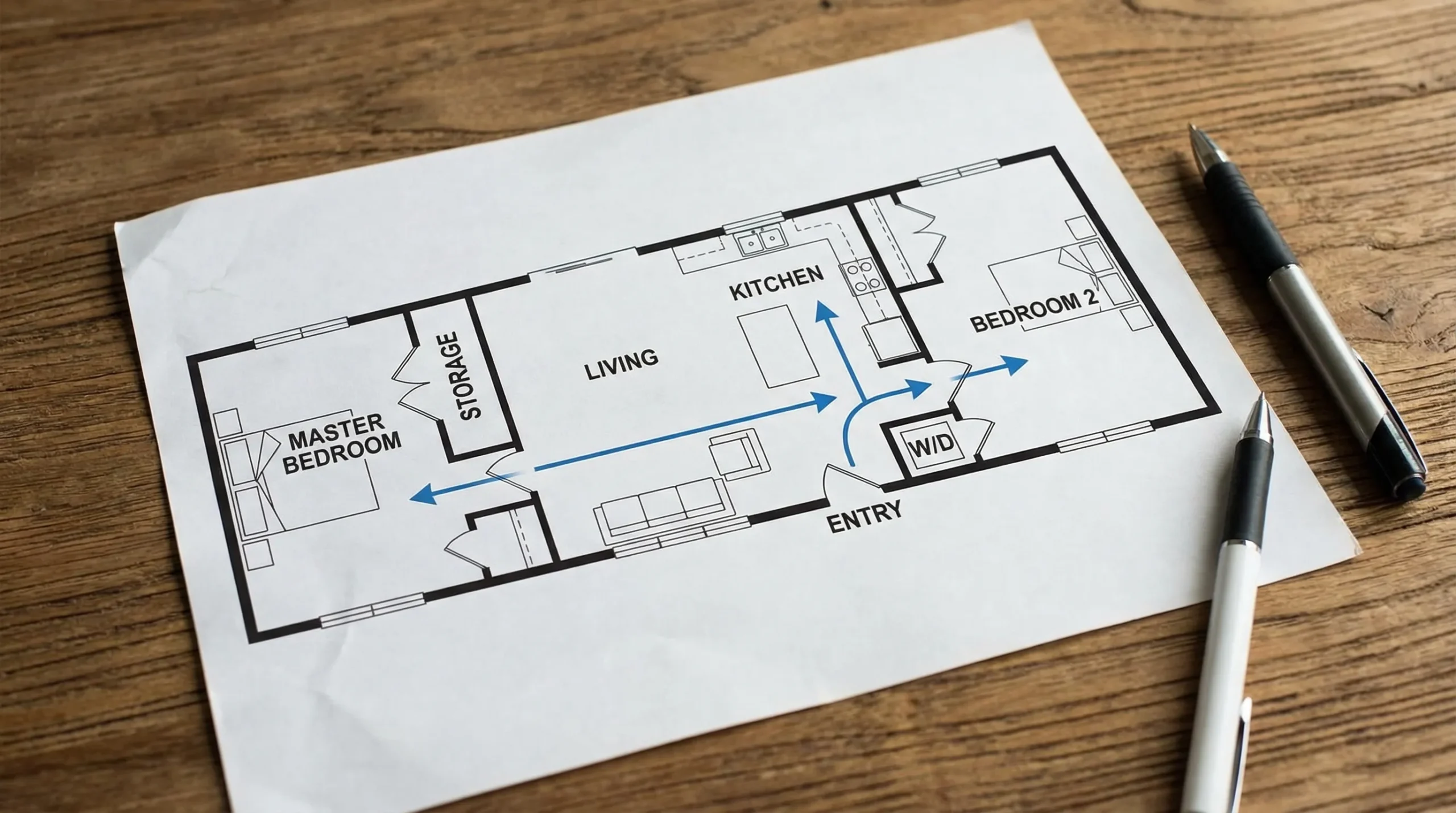A clean, simplified manufactured home floor plan graphic showing an open living-kitchen area, a split-bedroom layout, labeled storage closets, and arrows indicating traffic flow from entry to kitchen to bedrooms.