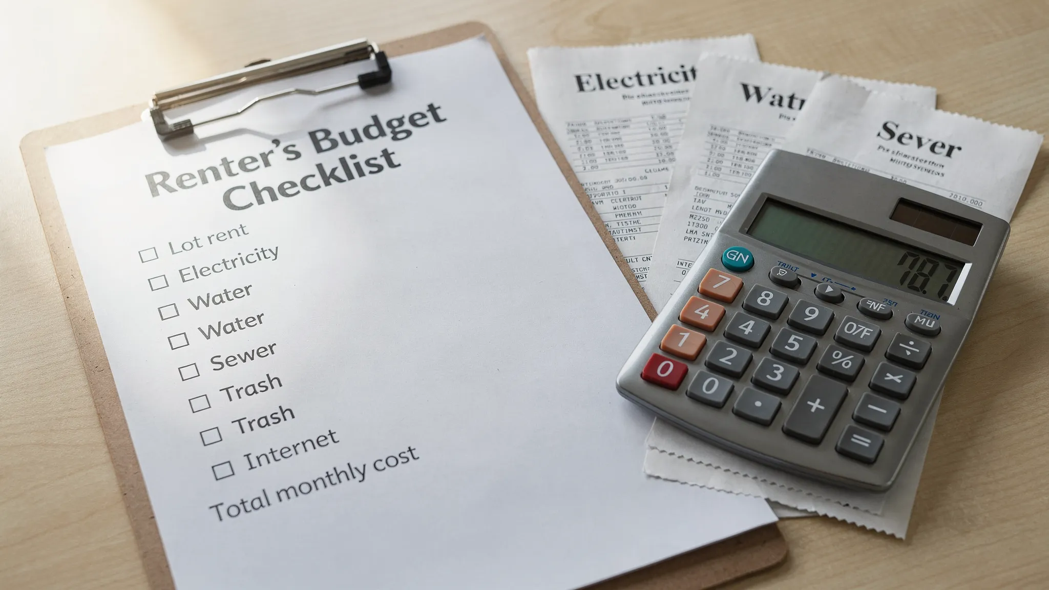 A close-up of a renter’s checklist on a clipboard next to a calculator and utility bills labeled electricity, water, and sewer, representing how to budget lot rent plus utilities before signing a lease.