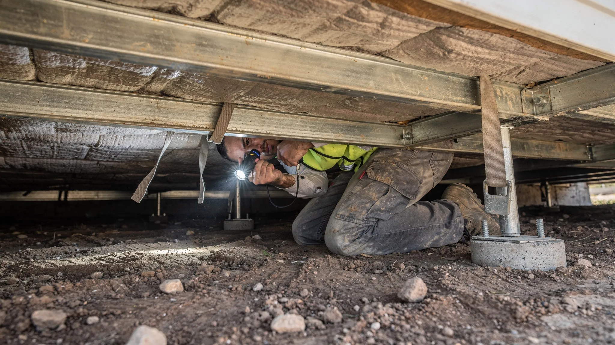 A home inspector in work clothes using a flashlight to examine the underside of a manufactured home, showing metal chassis beams, insulated belly wrap, and tie-down straps near support piers.