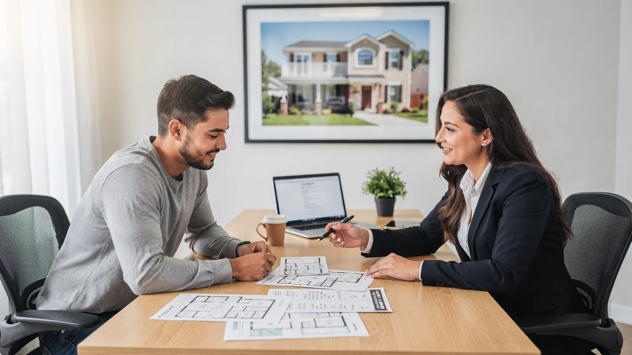 A homebuyer and a housing consultant sitting at a desk reviewing printed floor plans and an itemized quote, with a model home photo on the wall behind them.