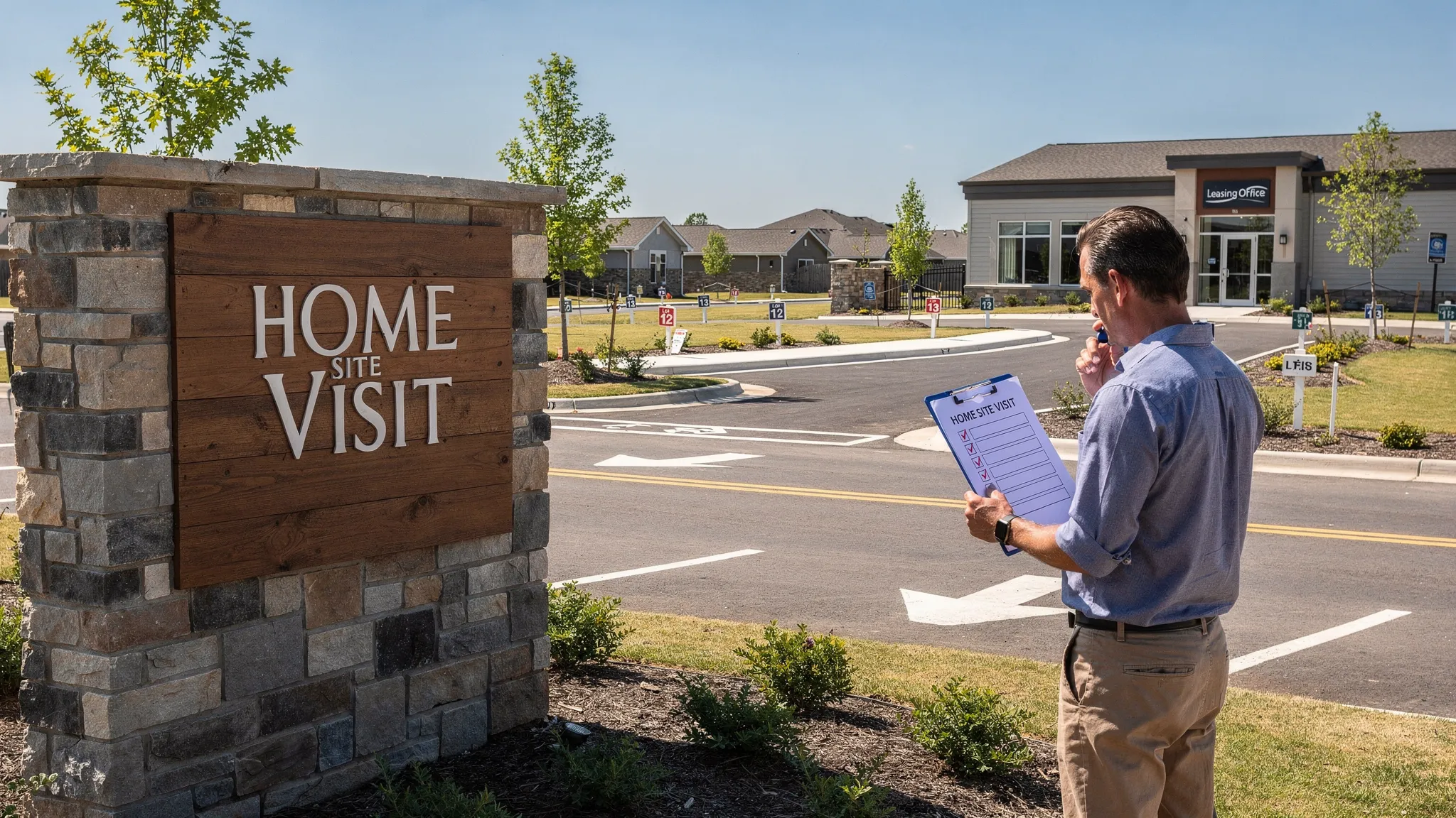 A homebuyer standing at a community entrance sign holding a clipboard checklist, with visible clean roads, clear lot markers, and a leasing office in the background.