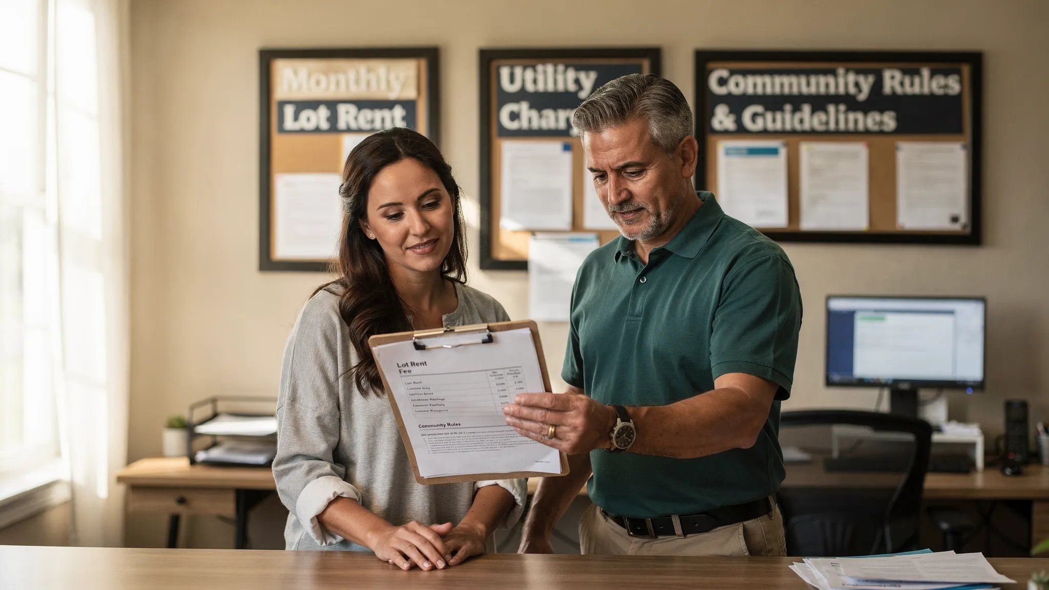 A homebuyer standing with a park manager in a community office reviewing a simple printed fee sheet and lease terms, with a clipboard and clear signage about lot rent, utilities, and community rules.