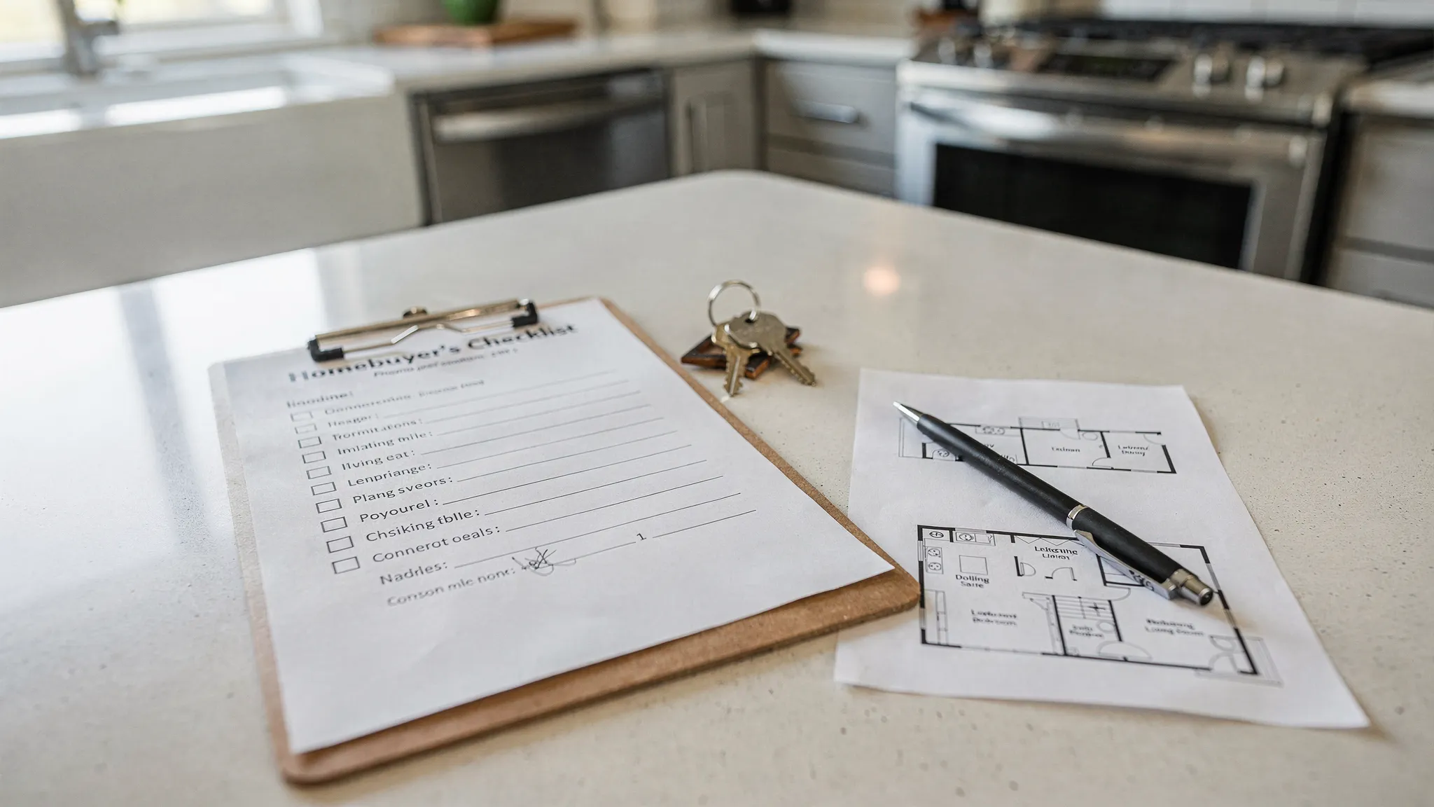 A homebuyer’s checklist clipboard on a kitchen counter in a modern manufactured home, with keys, a simple floor plan page, and a pen beside it.