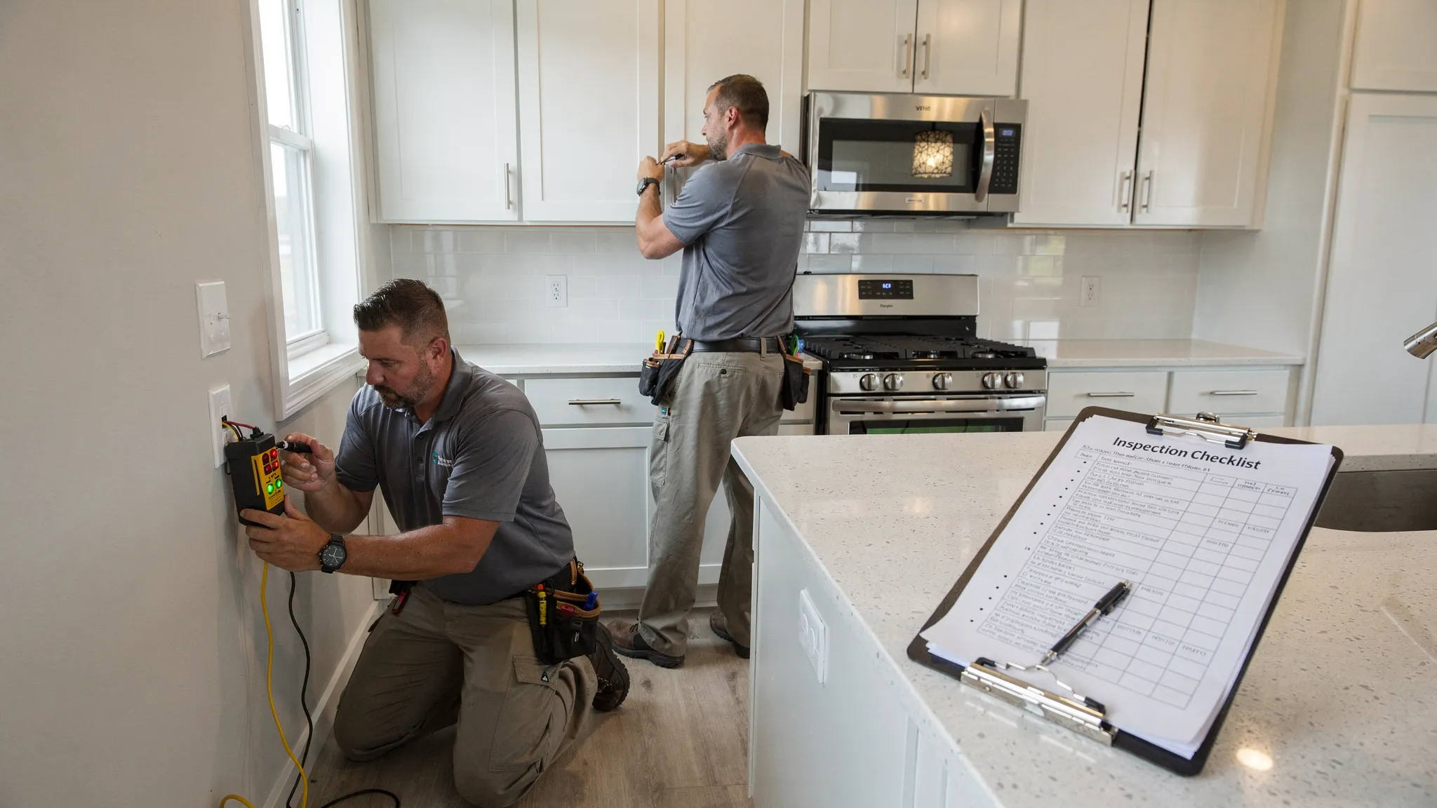 A manufactured home quality inspection scene showing a technician checking a wall outlet with a tester, inspecting cabinet alignment, and reviewing a printed checklist inside a bright modern kitchen.