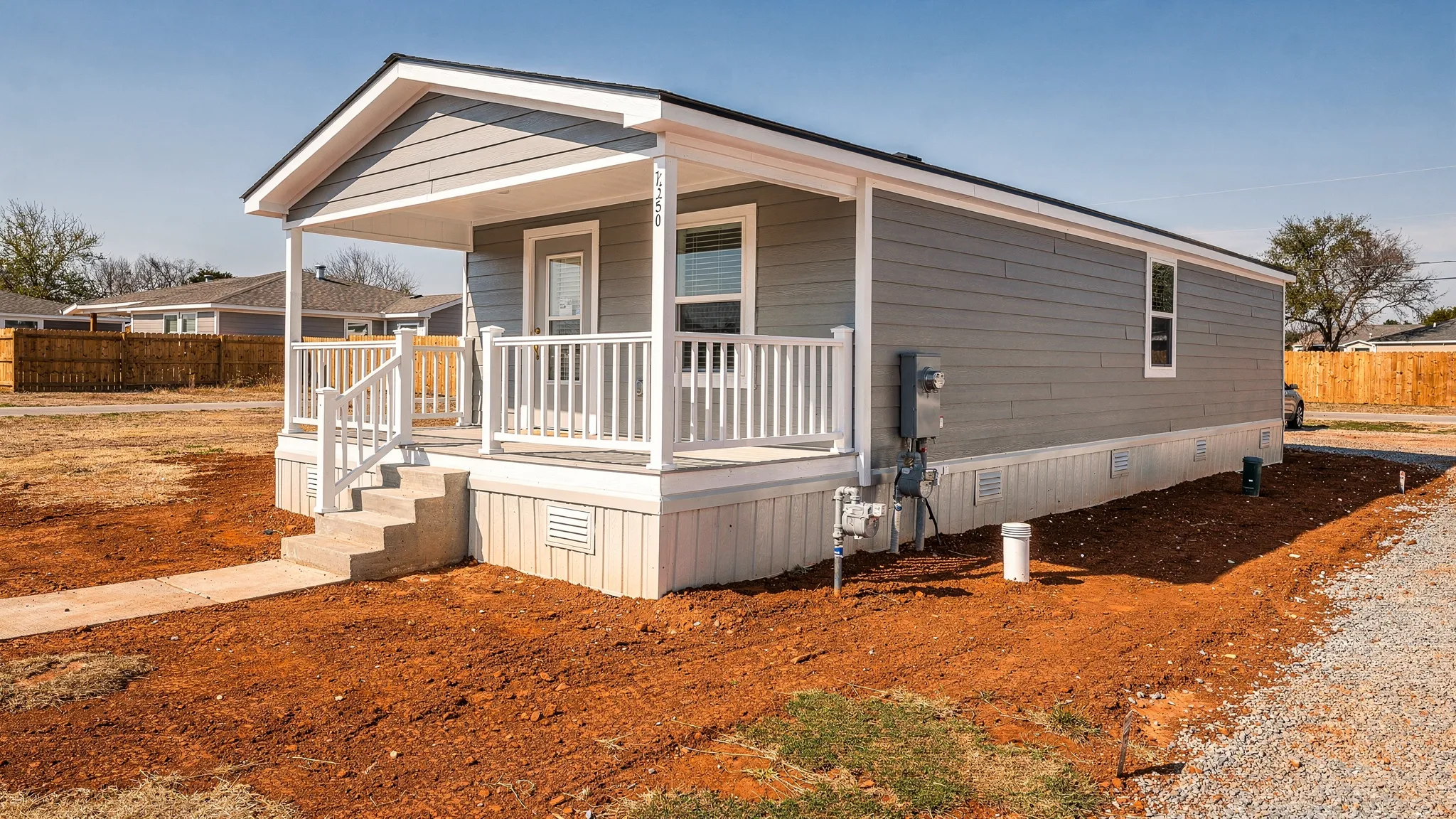 A modern single-section manufactured home with clean exterior siding and a small front porch, set on a prepared pad with visible utility hookups and skirting, photographed in a Texas residential setting with clear sky.