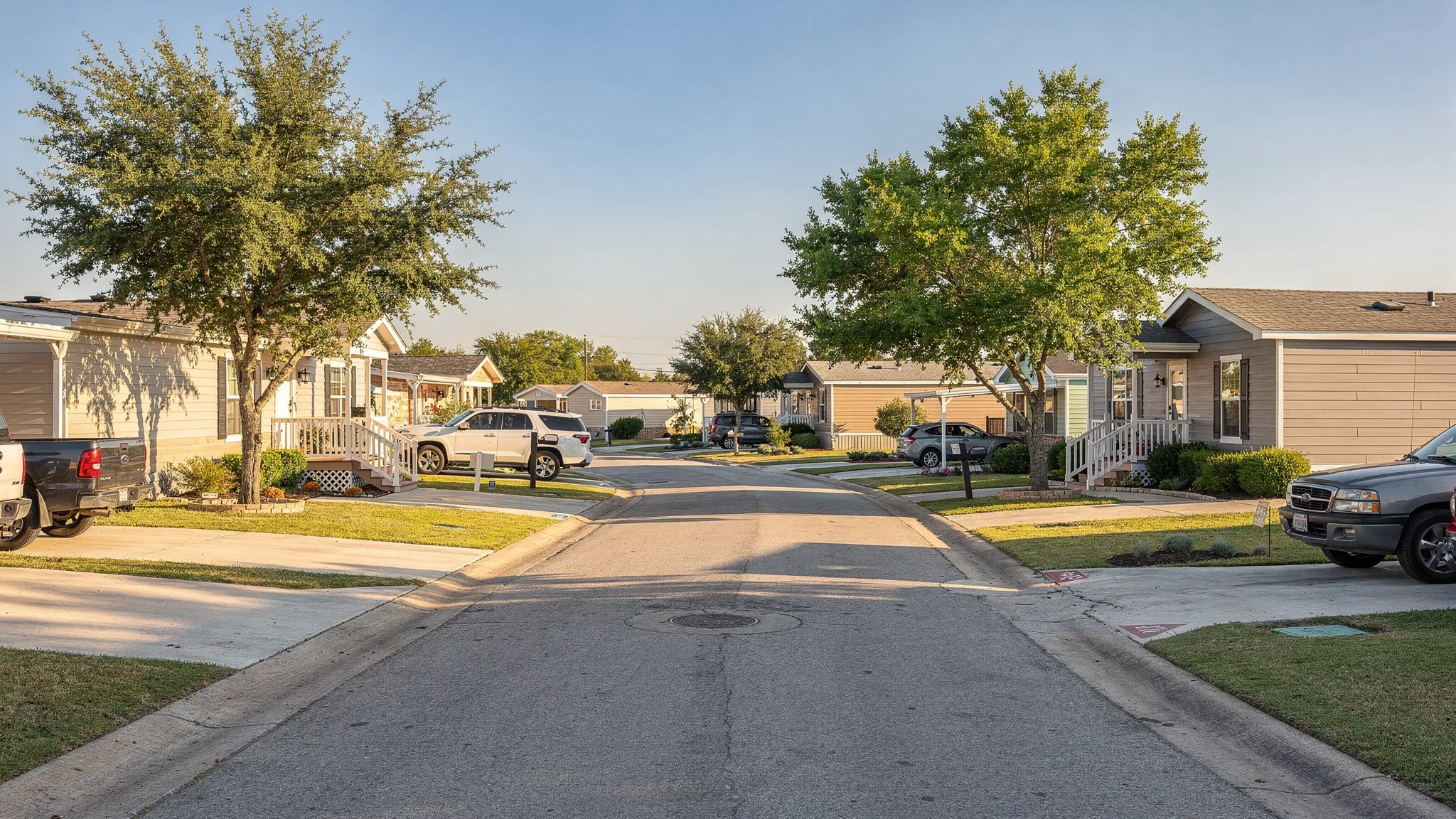 A photo-style scene of a quiet manufactured home community street in San Antonio with well-kept homes, driveways, a few trees, and clear Texas sky, showing a calm neighborhood feel without readable signage.