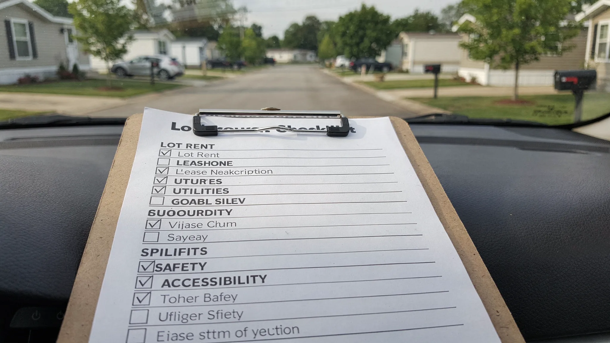 A printed checklist on a clipboard with headings like lot rent, lease terms, utilities, safety, and accessibility, placed on a car dashboard with a manufactured home community street visible through the windshield.