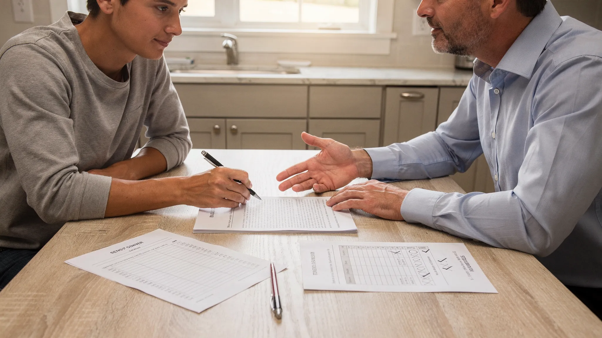 A prospective tenant and an owner sit at a kitchen table inside a modern manufactured home, reviewing a printed lease agreement with a pen, a rent ledger sheet, and a simple checklist of utilities and fees. The scene includes visible interior details like laminate counters, cabinet doors, and a window letting in daylight.