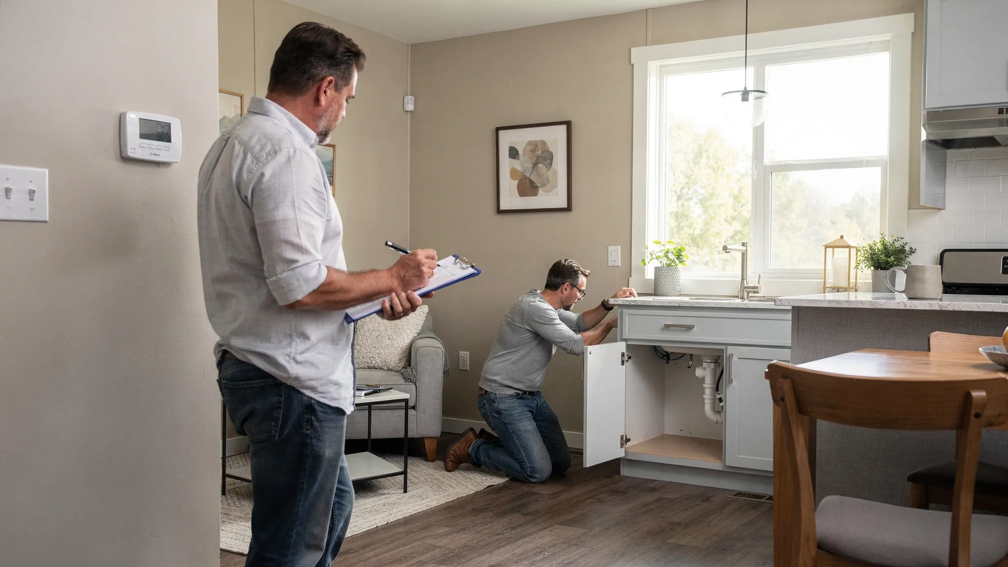 A renter and a partner touring a manufactured home, one person holding a clipboard while checking a thermostat, windows, and under-sink cabinet for leaks; the home interior looks clean and modern with simple furnishings.