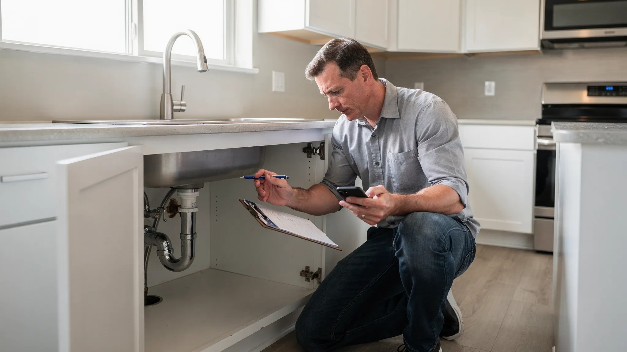 A renter doing a walkthrough inspection in a factory-built home, holding a clipboard and phone, checking under a kitchen sink for leaks while daylight shows through nearby windows.