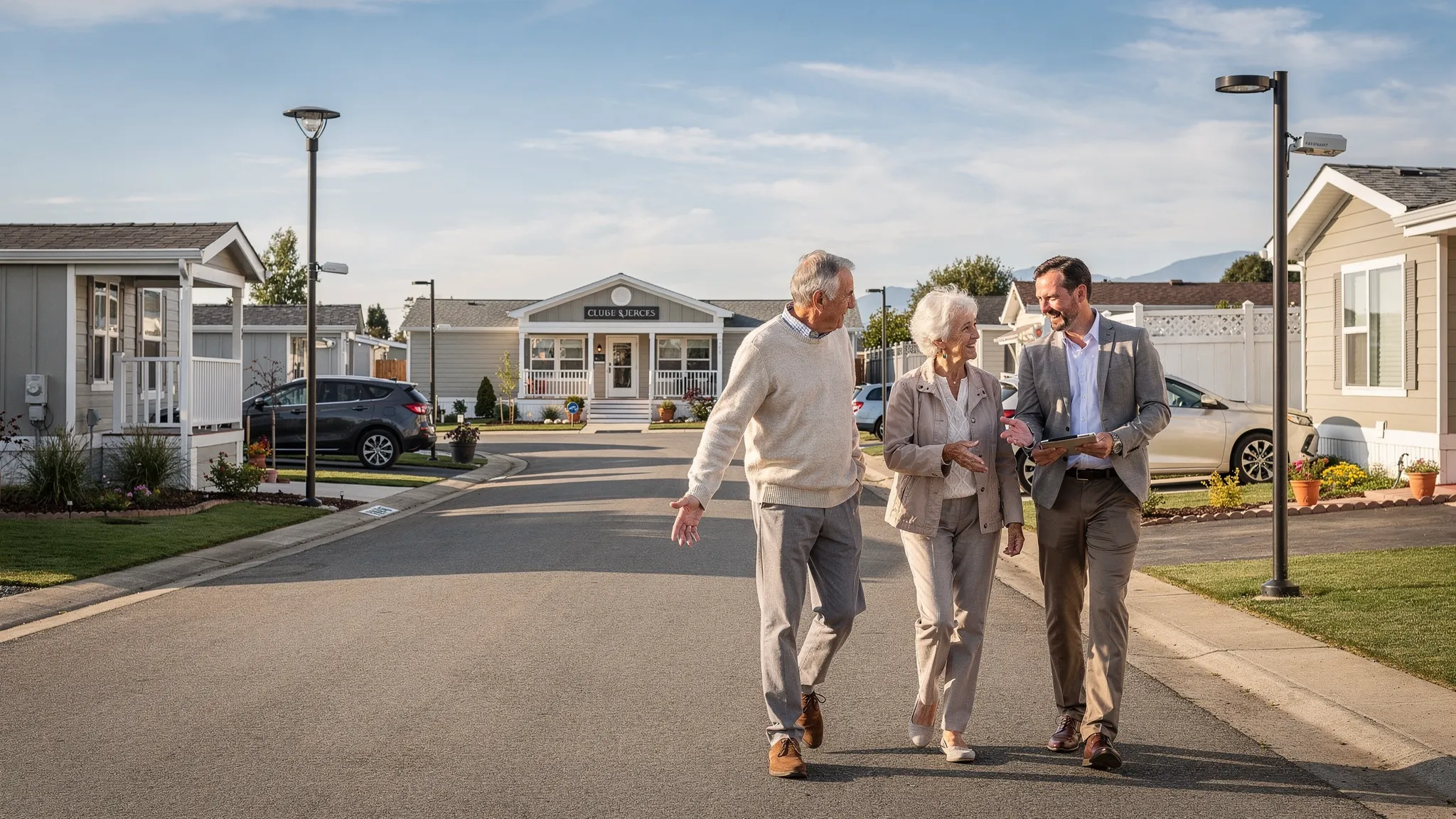 A senior couple and an adult child walking through a quiet manufactured home community during daytime, looking at street condition, lighting, and community clubhouse in the distance.