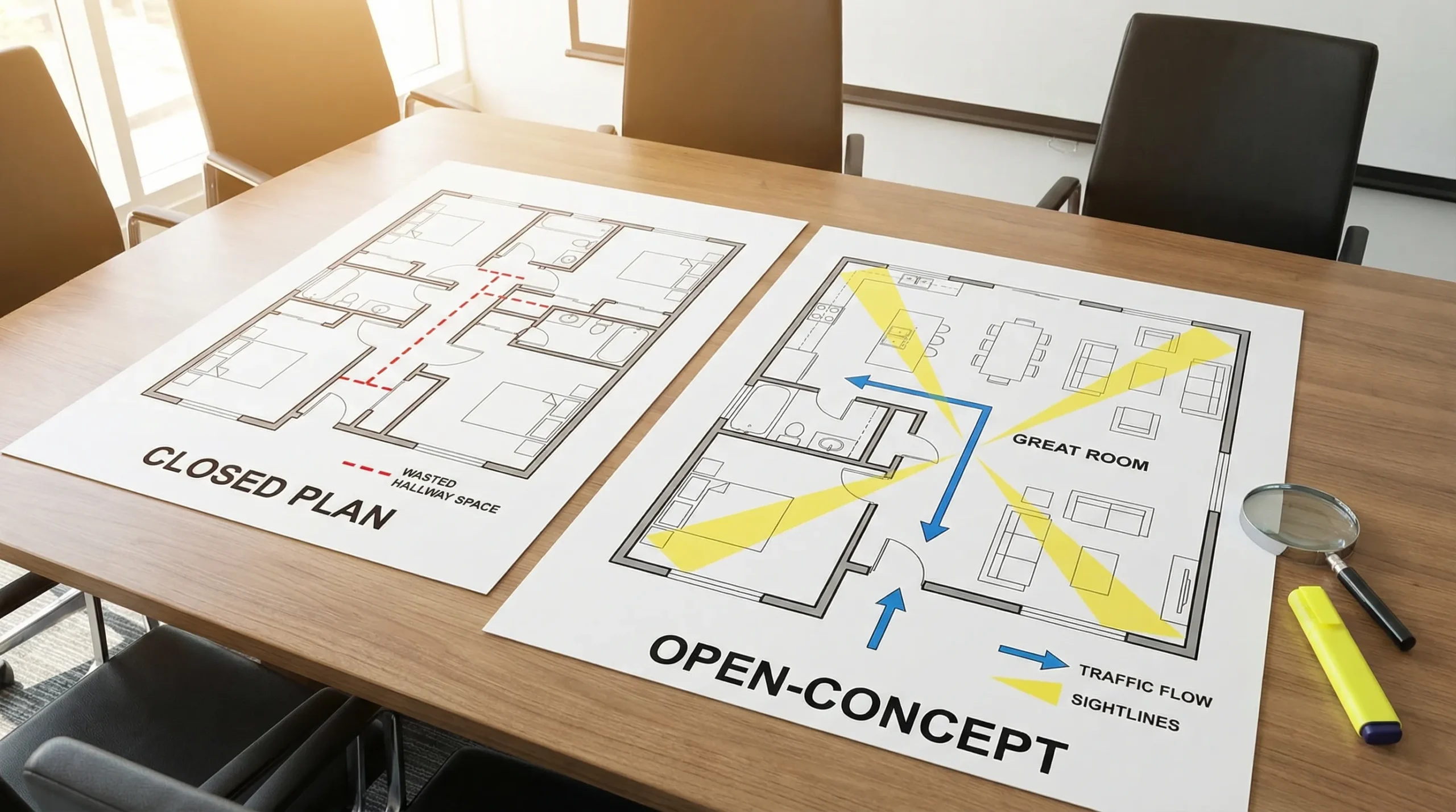 A side-by-side comparison illustration of two manufactured home floor plans: one with many small rooms and hallways, and one with an open-concept great room, labeled to show sightlines, traffic flow, and where “wasted hallway space” is reduced.