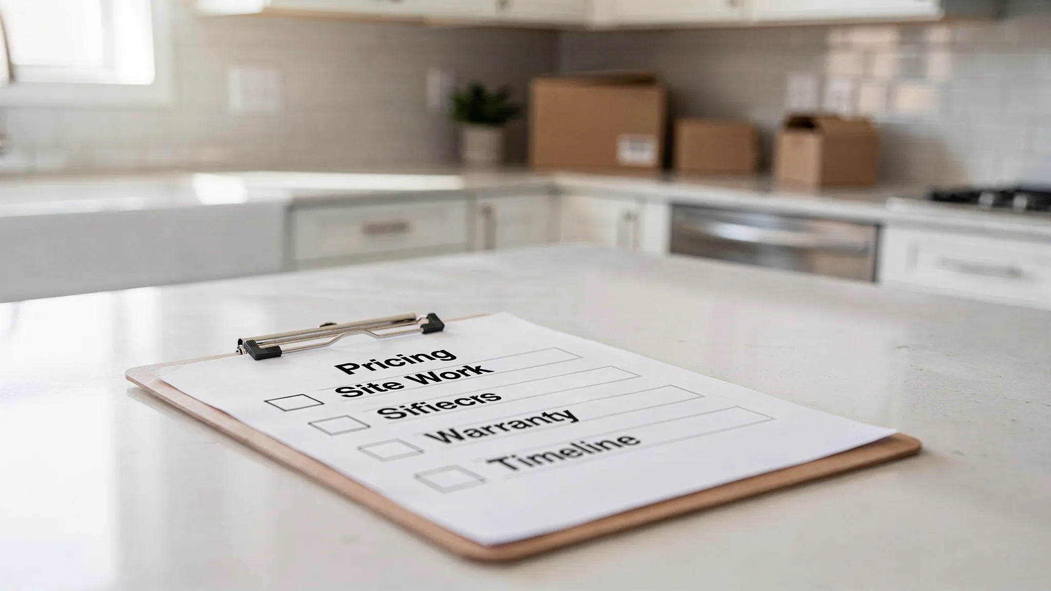 A simple checklist clipboard on a kitchen counter inside a newly set factory-built home, with boxes labeled pricing, site work, warranty, and timeline.