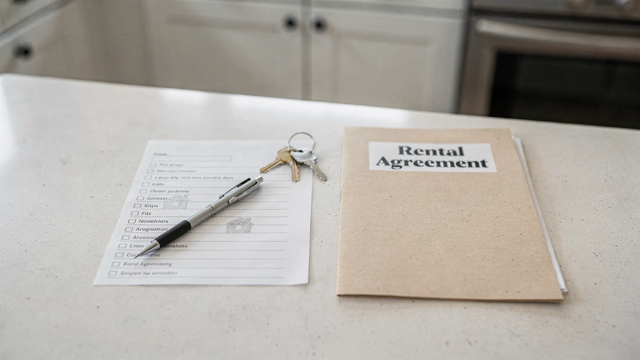A simple checklist on a kitchen counter with keys and a lease folder labeled Rental Agreement, representing key questions to review before signing a modular or manufactured home lease.