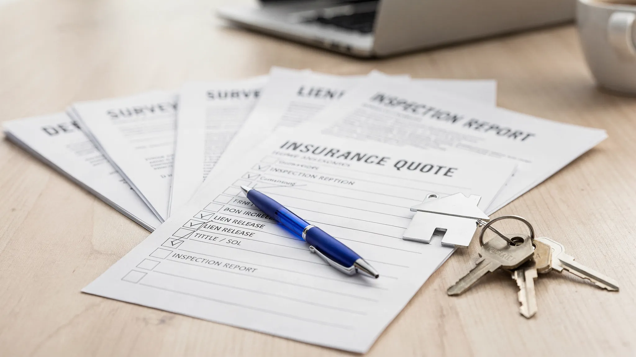 A simple checklist on a table with documents labeled deed, survey, title/SOL, lien release, inspection report, and insurance quote, next to a set of house keys.