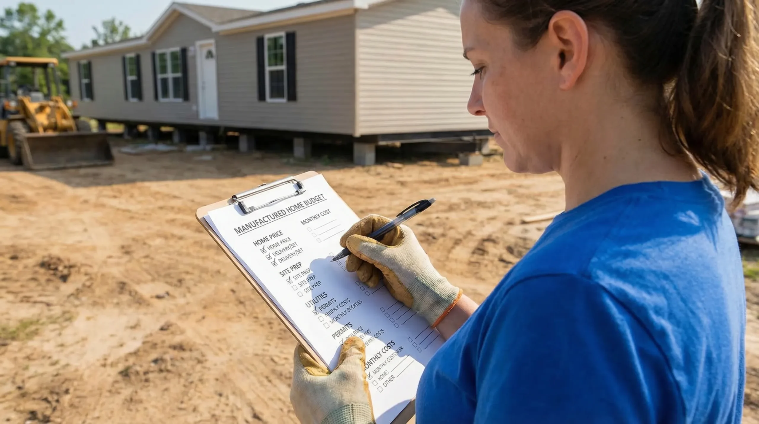 A simple checklist-style illustration showing a manufactured home budget with categories like home price, delivery/set, site prep, utilities, permits, and monthly costs, with a buyer reviewing the list on a clipboard.