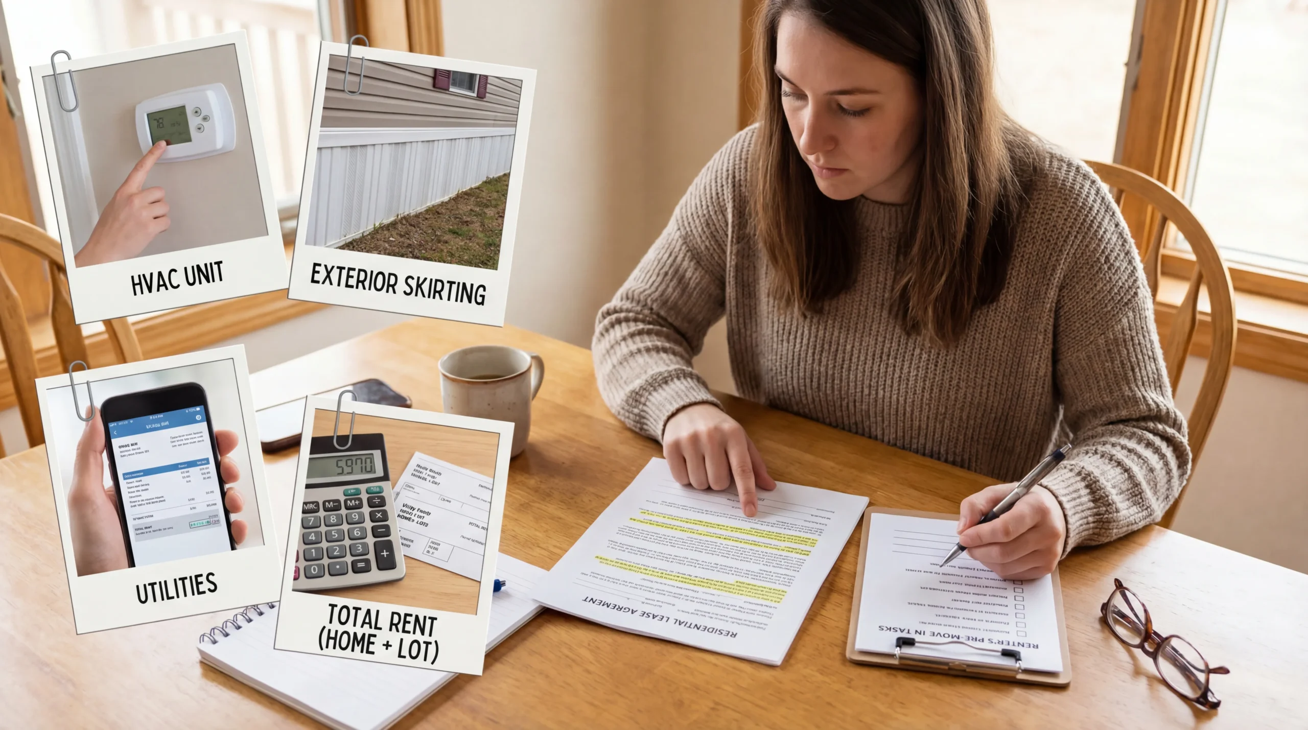 A simple checklist-style illustration showing a renter reviewing a lease, checking utility responsibility, inspecting HVAC and skirting, and confirming whether the payment includes home rent plus lot rent. No visible text on documents.