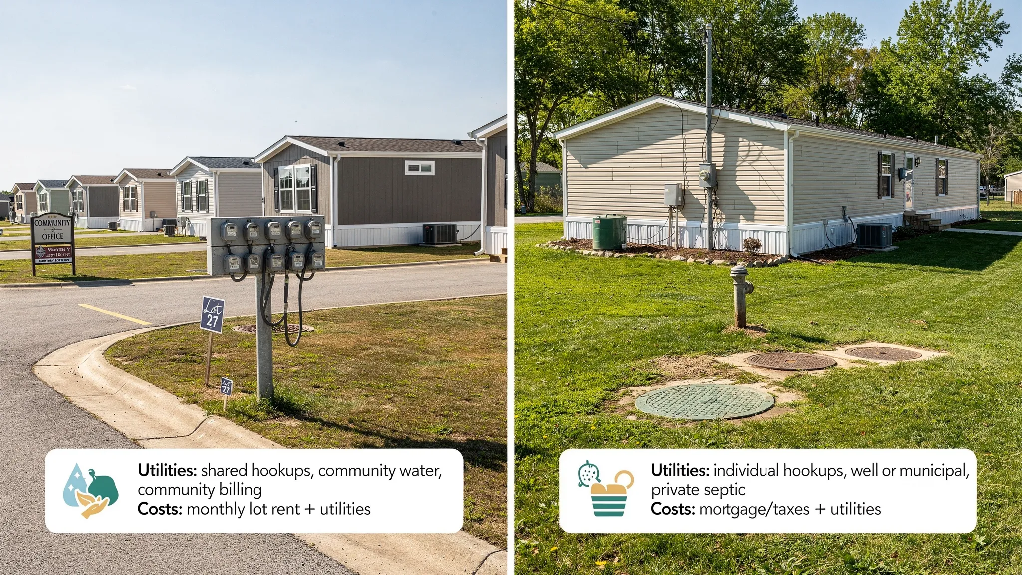 A simple comparison scene showing a manufactured home in a land-lease community with visible utility hookups (electric meter, water connection) contrasted with a manufactured home on private land, highlighting the different utility and cost considerations.