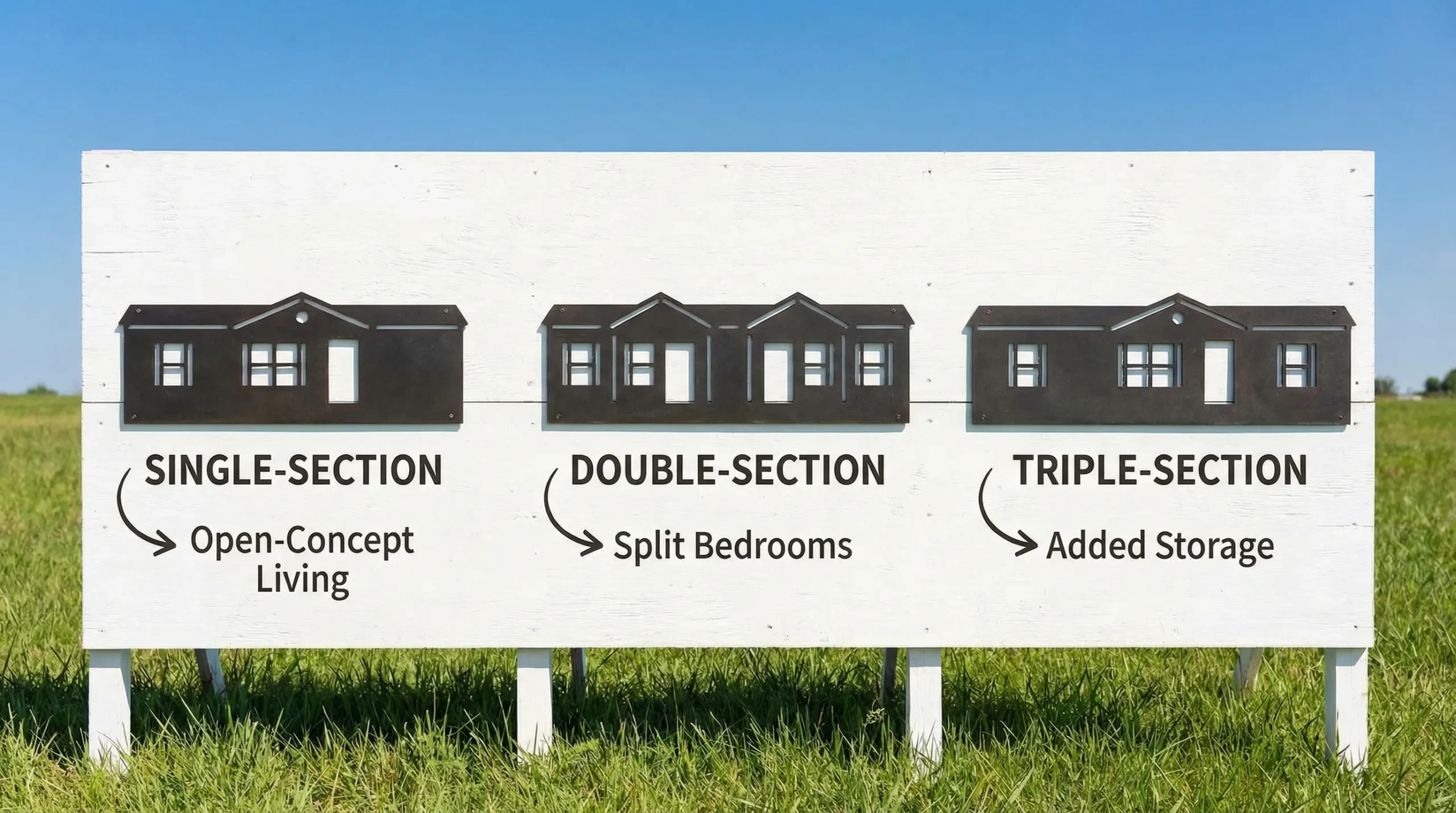 A simple comparison scene showing three manufactured home silhouettes labeled single-section, double-section, and triple-section, with callouts for typical layout differences like open-concept living, split bedrooms, and added storage.