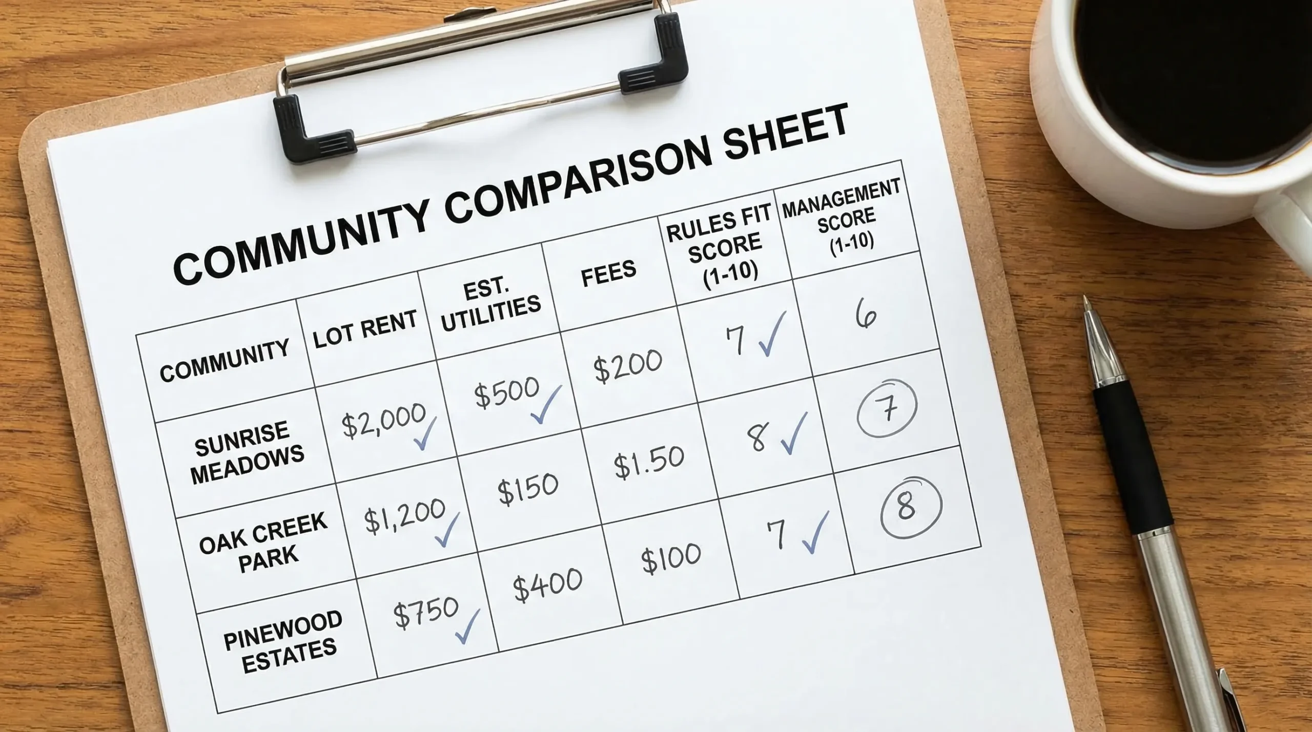 A simple comparison sheet showing three manufactured home communities with columns for lot rent, estimated utilities, fees, rules fit score, and management score.