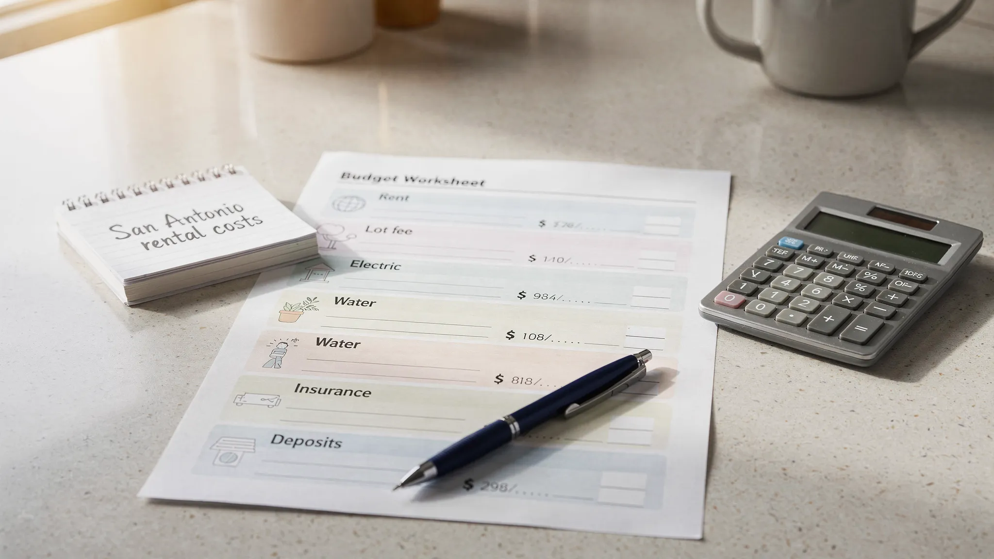 A simple illustrated budget worksheet on a kitchen table with a calculator, a pen, and a small notepad labeled “San Antonio rental costs”, showing line items like rent, lot fee, electric, water, insurance, and deposits.