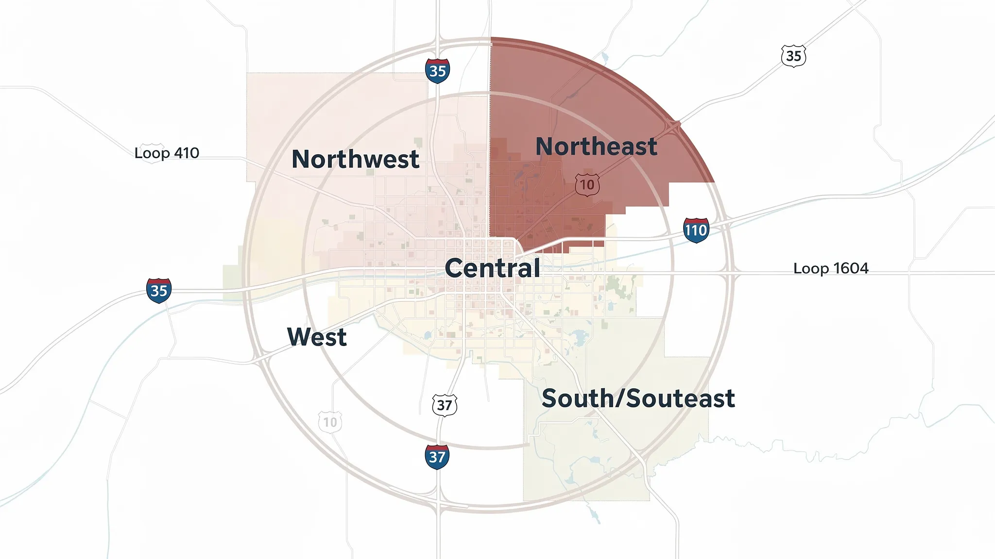 A simple illustrated map of San Antonio showing major highways (I-10, I-35, I-37) and loops (410 and 1604) with shaded comparison zones labeled Northeast, Northwest, West, South/Southeast, and Central.